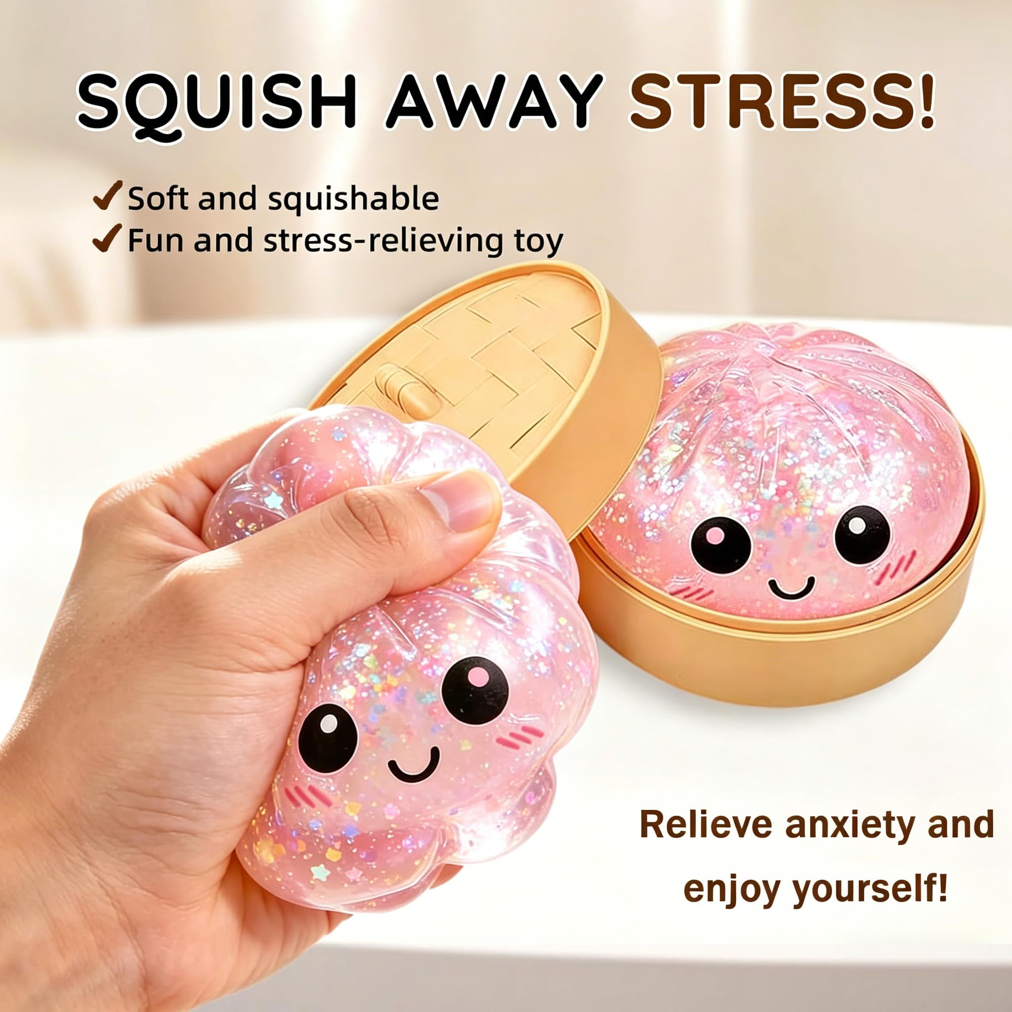 2026 New Pink Glitter Dumpling Squishy, Slow Rising Stress Relief Fidget for Adults, Soft Sensory Squeeze for Anxiety Relief, Office Desk Decor and Stress Buster, Party Favor Gift — view 5