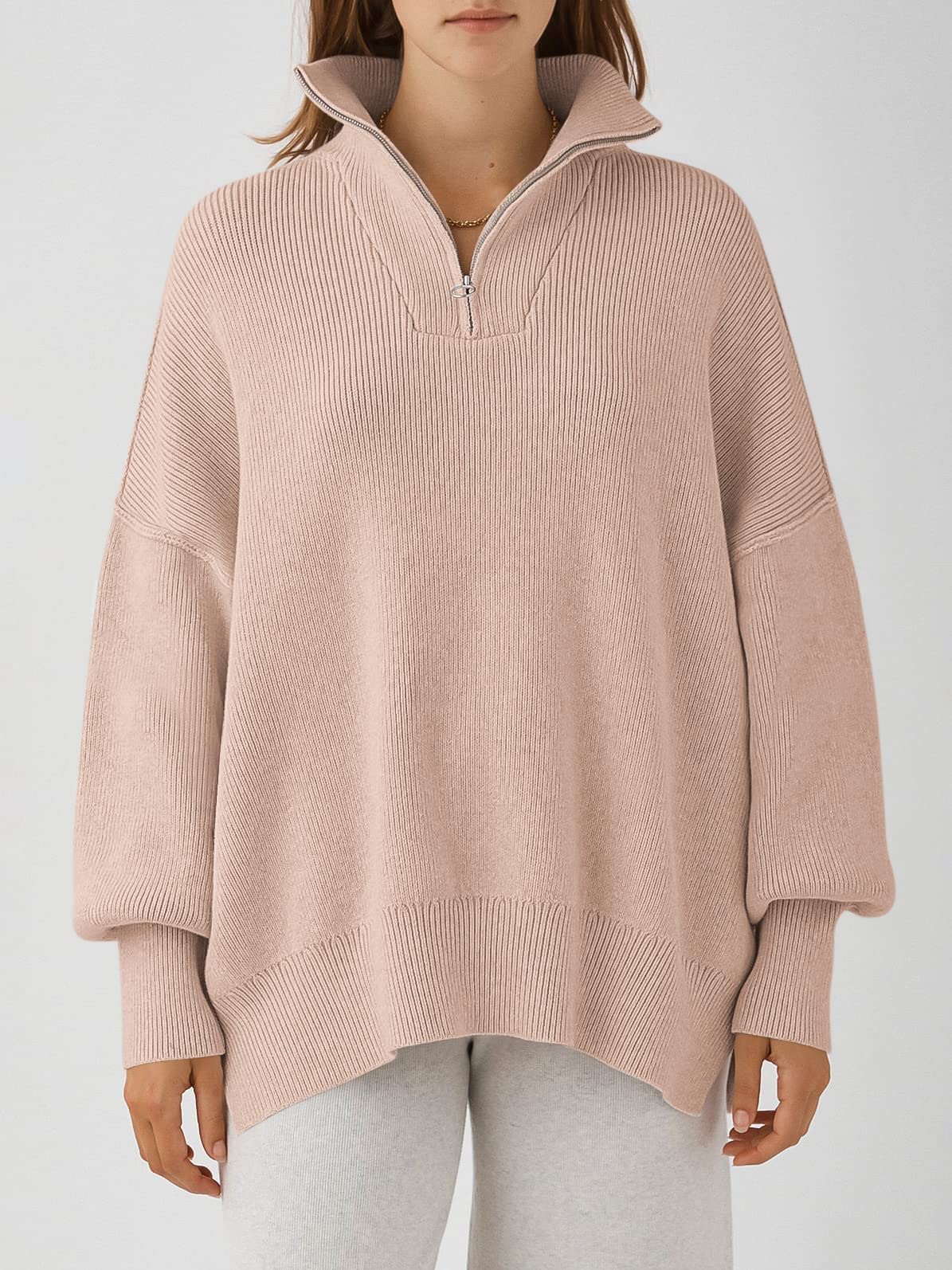 Suéter de Las Mujeres Slouchy Sudadera de Manga Larga suéter con Dobladillo Dividido y 1/4 de Cremallera de Cuello de caída del Hombro (Pink x)