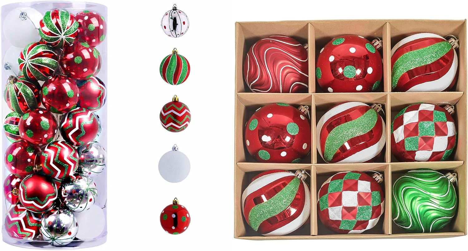 Valery Madelyn Christmas Ornaments Value Bundle(2 Items), 35ct & 9ct Red Green White Shatterproof Christmas Ball Ornaments Set, Decorative Hanging Ornament Bulk for Xmas Holiday Party Decor