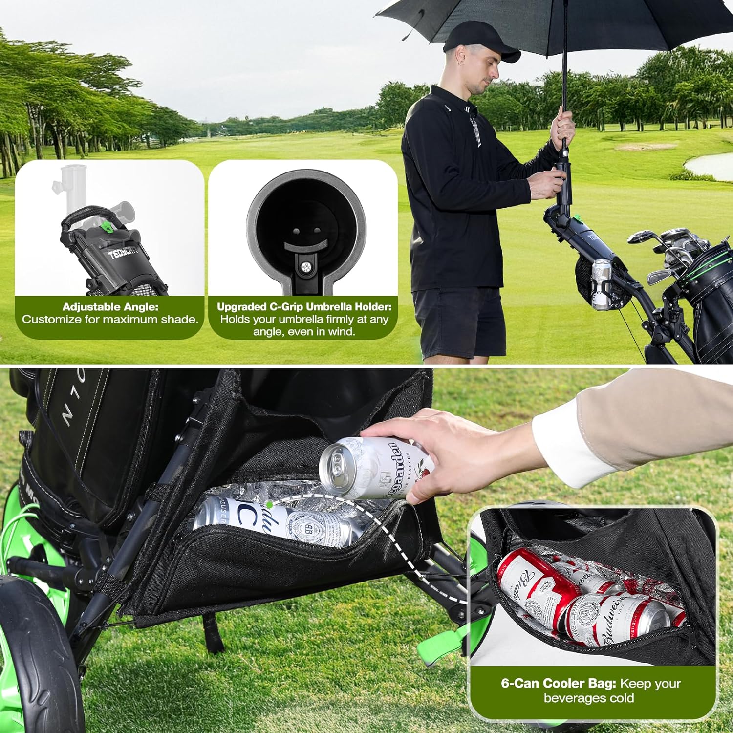 4 Wheel Golf Push Cart: Lightweight Compact Folding Golf Trolley, Pull Behind Manual Golf Caddy with Cup, Phone & Umbrella Holder, Foot Brake - Image 5