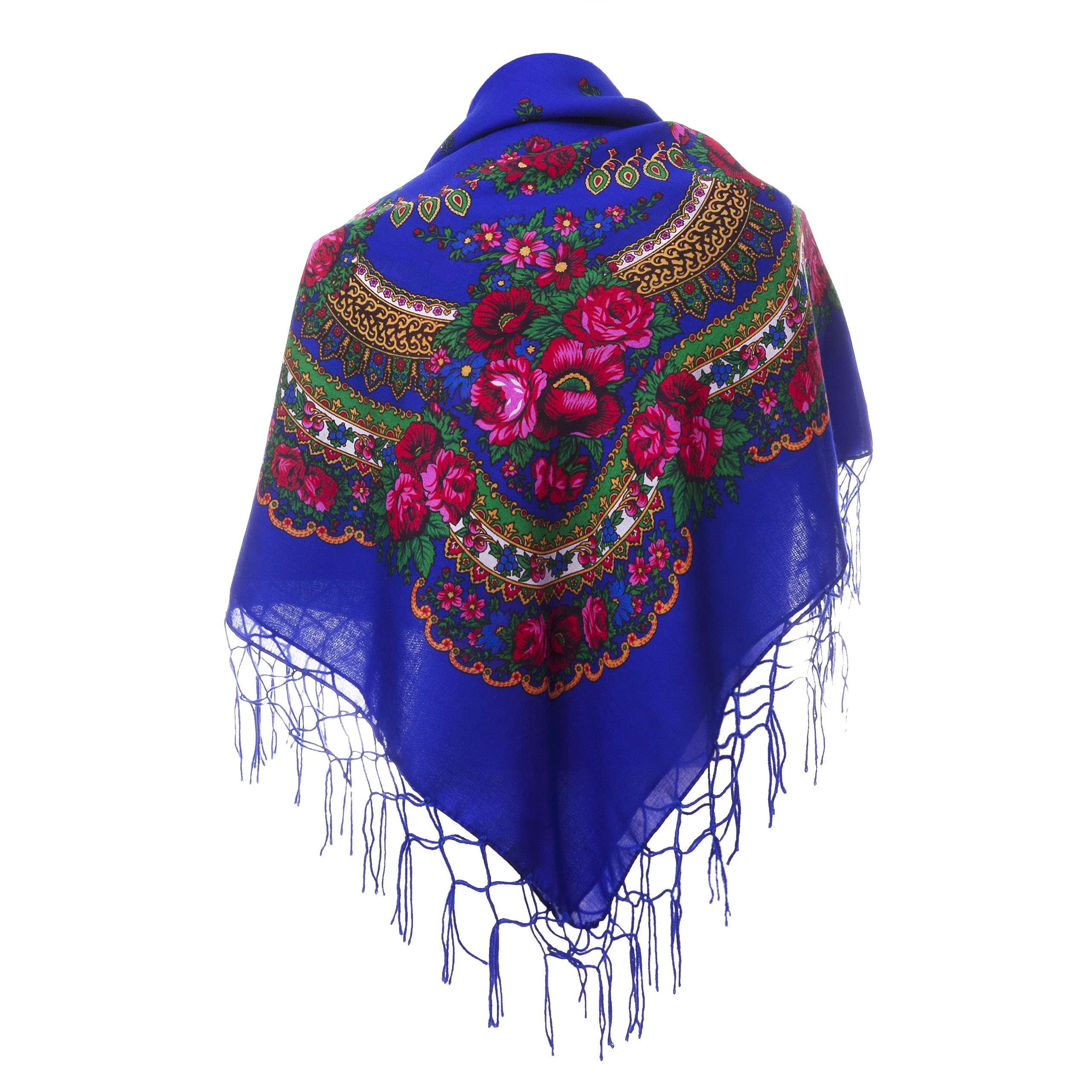Scarf Wrap Traditional Ukrainian Polish Russian Fringed Floral Neck Head Shawl, Blue, 59”x59”