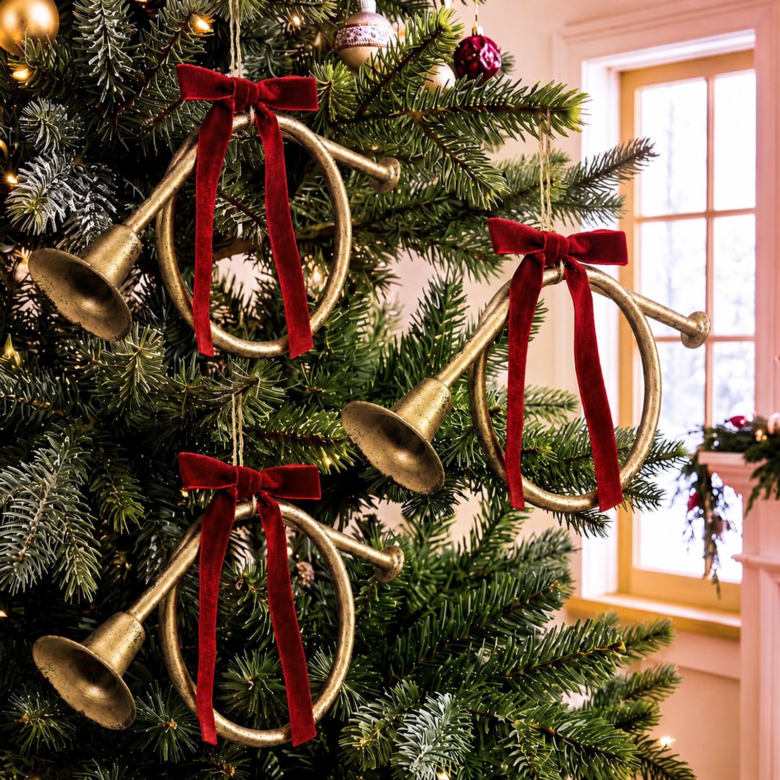 Civaner Set di 6 ornamenti natalizi da appendere in corno francese, 6 ornamenti in ottone con 6 fiocchi in velluto bordeaux per albero di Natale strumento musicale ornamento per le vacanze