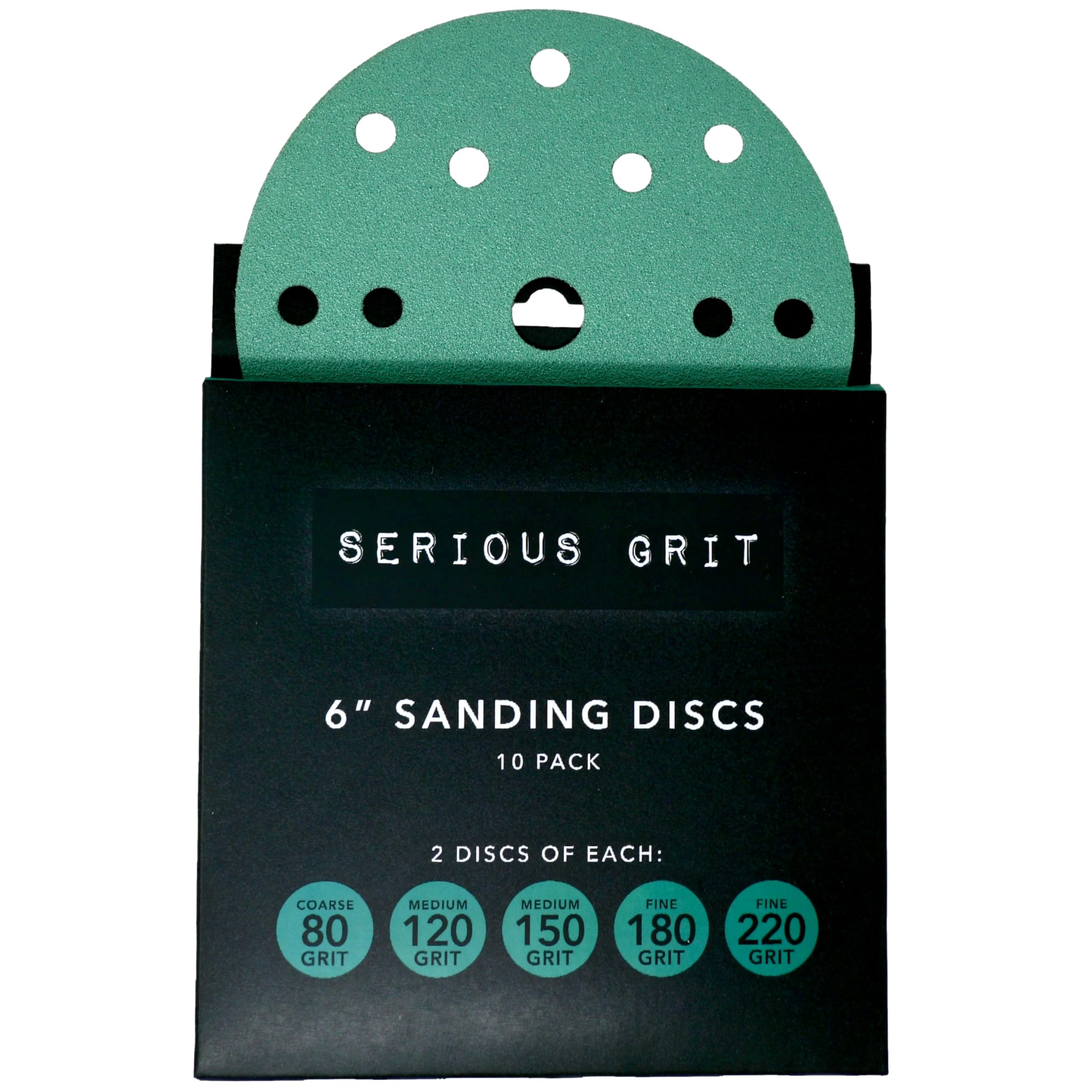 Serious Grit - 150mm 15-Hole Assorted Grit Sanding Discs - P80, P120, P150, P180, P220 (2 Each) - Hook & Loop Sandpaper - 10 Pack Box — image 1