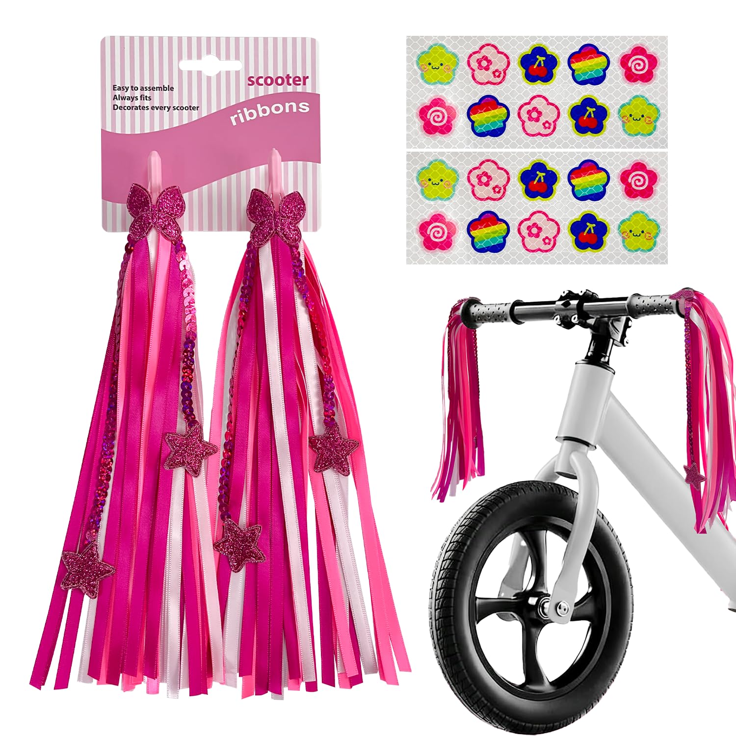 UBRAVE Kid's Rainbow Bike Streamers, Colorful Handlebar Tassels, Bike Accessories Kids, with Cute Safety Stickers, Scooter Bicycle Tricycle Handlebar Streamers Handle Bar Grips, 1Pair, Pink â image 1
