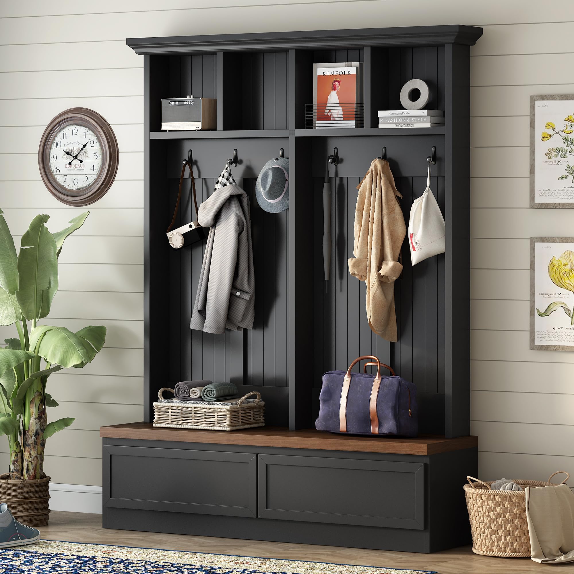 Merax Farmhouse Wood Hall Tree with Bench and Storage Drawers, 4-in-1 Coat Rack with 6 Hooks for Entrance, Hallway Black