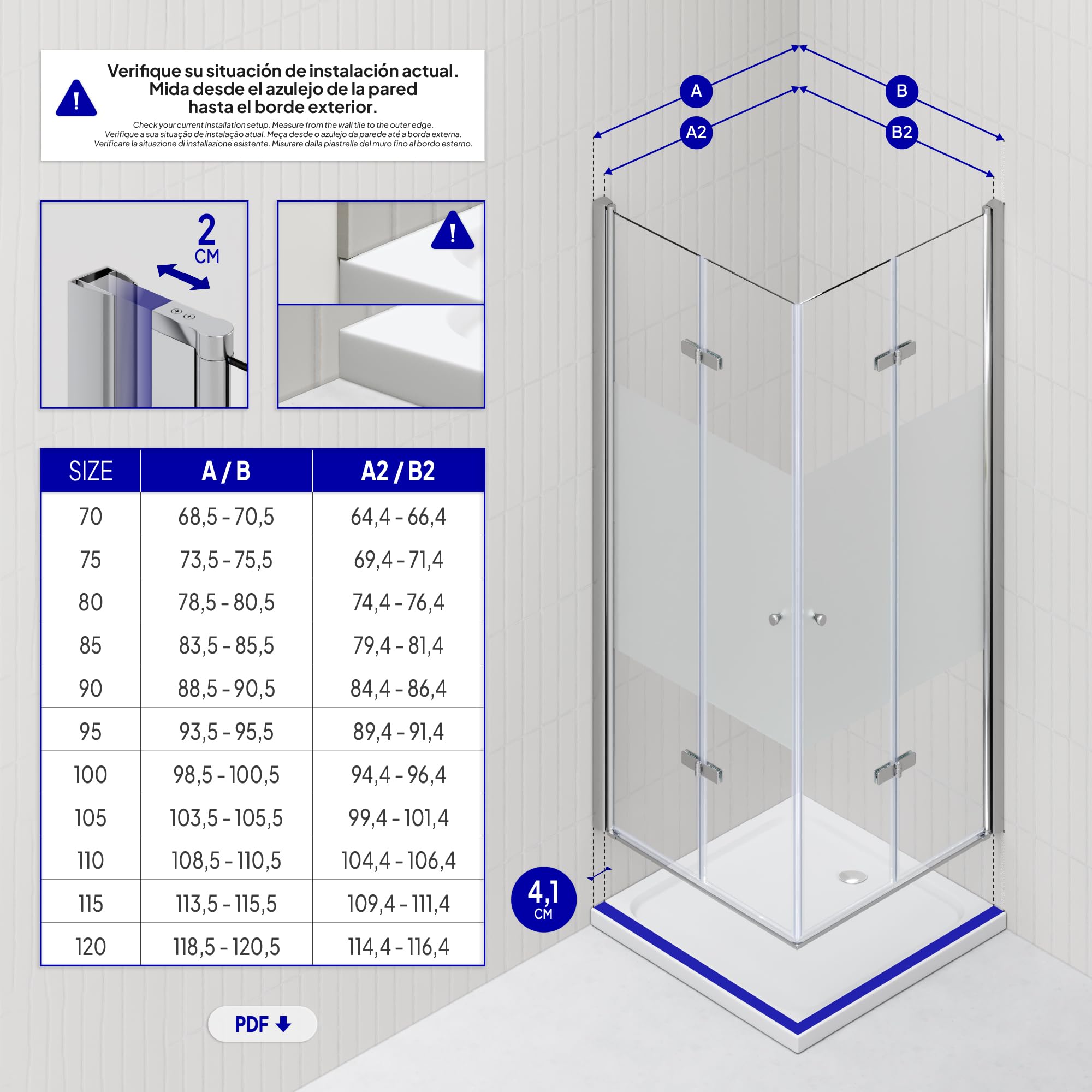 Mampara de Ducha Emma 100x80x190cm, NO REVERSIBLE, Puertas Plegables, Ajuste 98.5-100.5x78.5-80.5cm, Perfiles Cromo, Cristal Templado Parcialmente Satinado 6mm