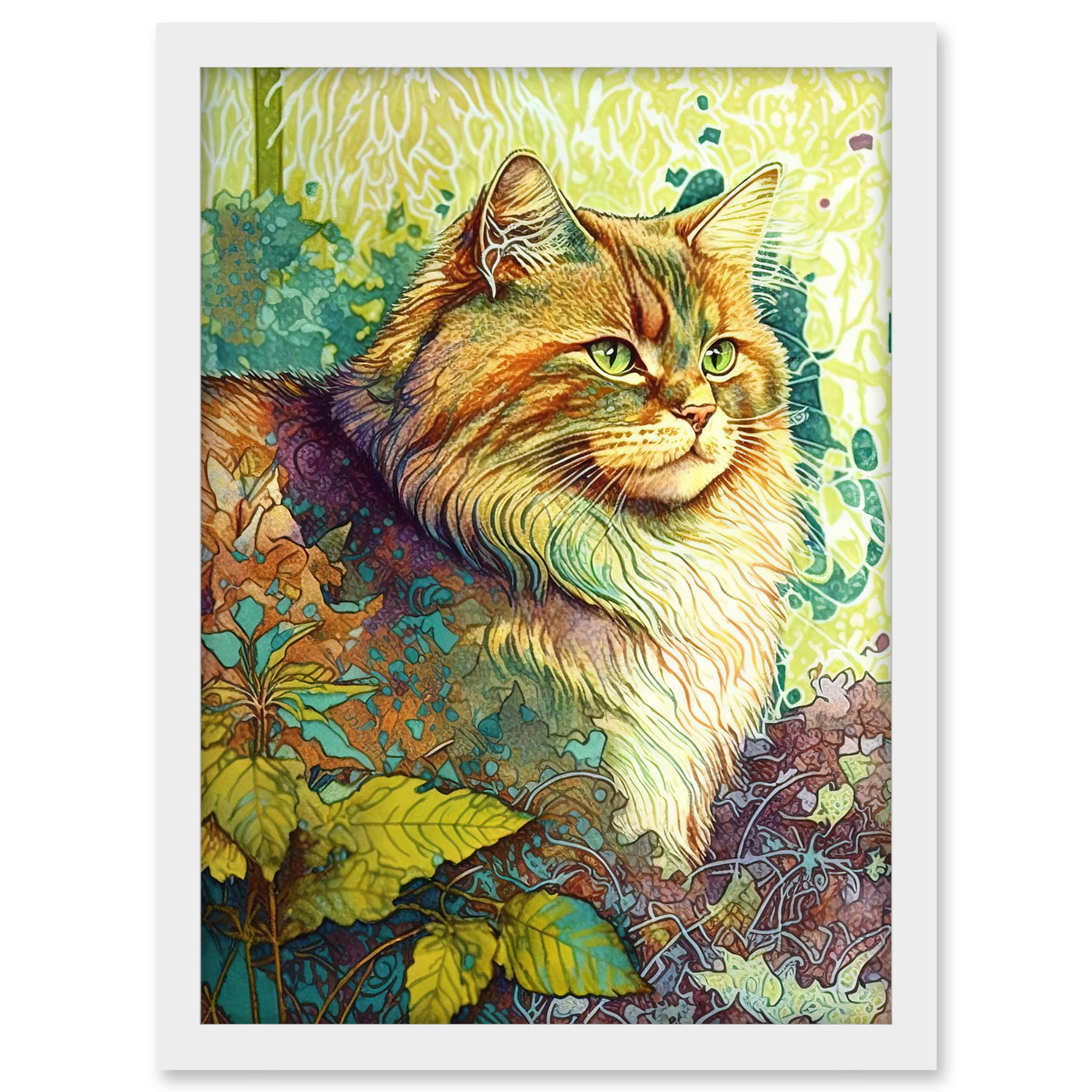Artery8 Siberian Cat in Nature Vibrant Colourful Modern Portrait Illustration Artwork Framed A3 Wall Art Print