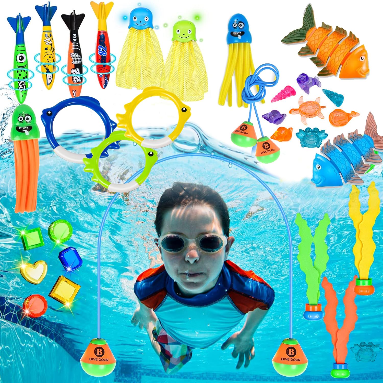 Udbrud Set De 11 Juguetes De Buceo – 4 Torpedos, 4 Anillos Y 3 Algas Submarinas, De Plástico Resistente, Ideales Para Piscina, Playa Y Entrenamiento Subacuático