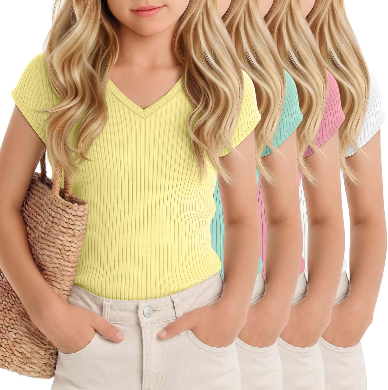 Oakgarden 4 Pack Girl's Short Sleeve Shirts Ribbed V Neck Cap Sleeve Tops Casual Slim Fit Multipack Tees Summer 5-14 Years