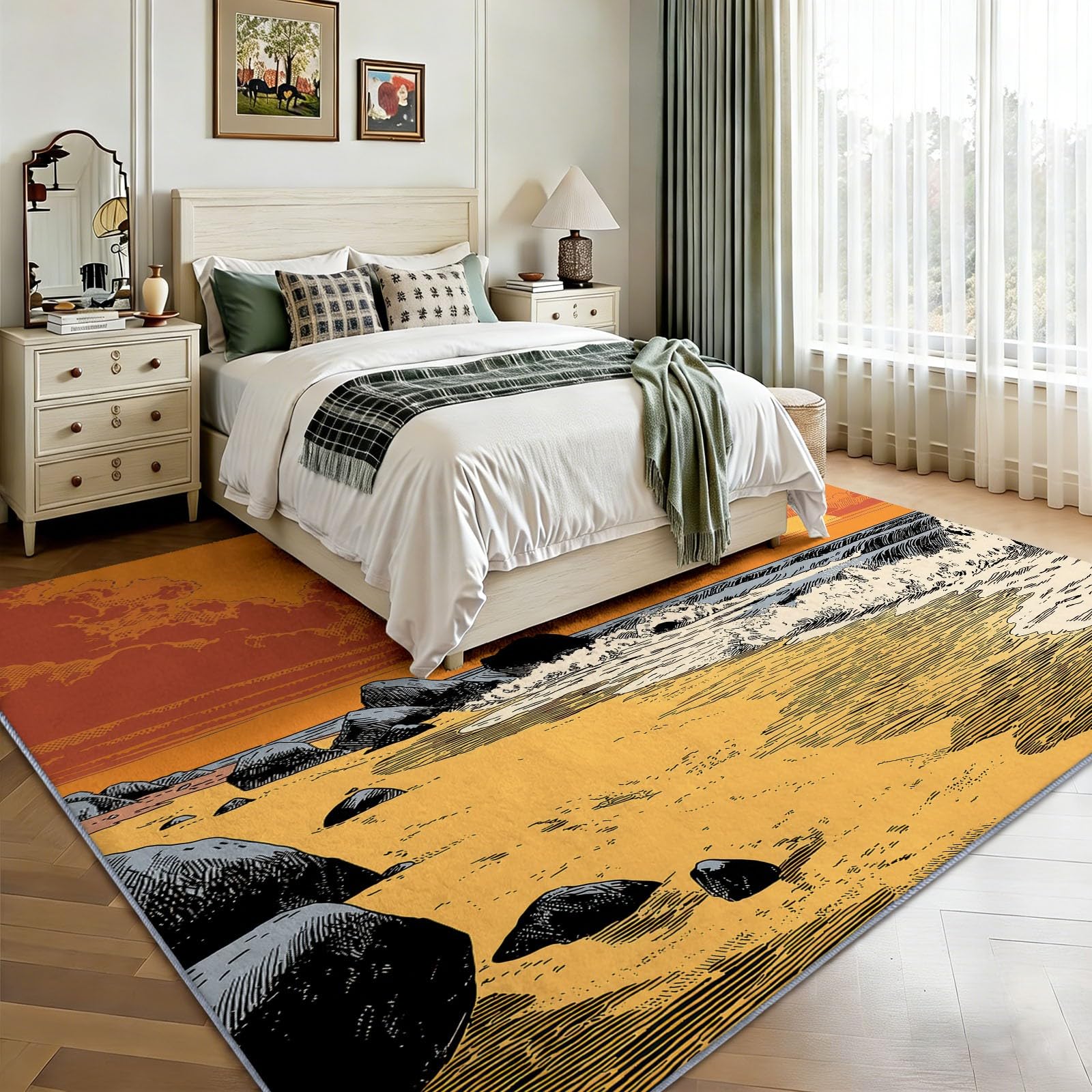 Alfombra antideslizante con diseño de conchas marinas y puesta de sol en la playa, 180 x 240 cm, alfombra de suelo para dormitorio de niños y niñas, alfombra de suelo para sala de estar, dormitorio