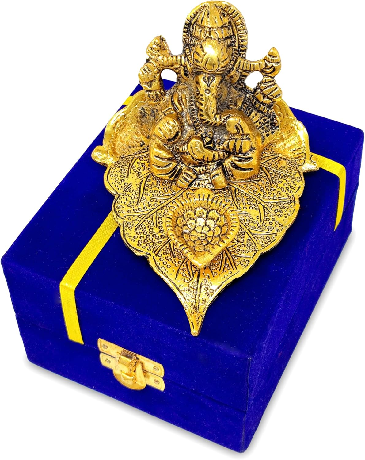NOBILITY Ganesha on Leaf Gold Diya Oil Lamp Statue Idol with Blue Gift Box Pooja Items Diwali Decoration Puja Gifts Handmade Oil Lamp Traditional Indian Deepawali Gift Items 6 Pcs