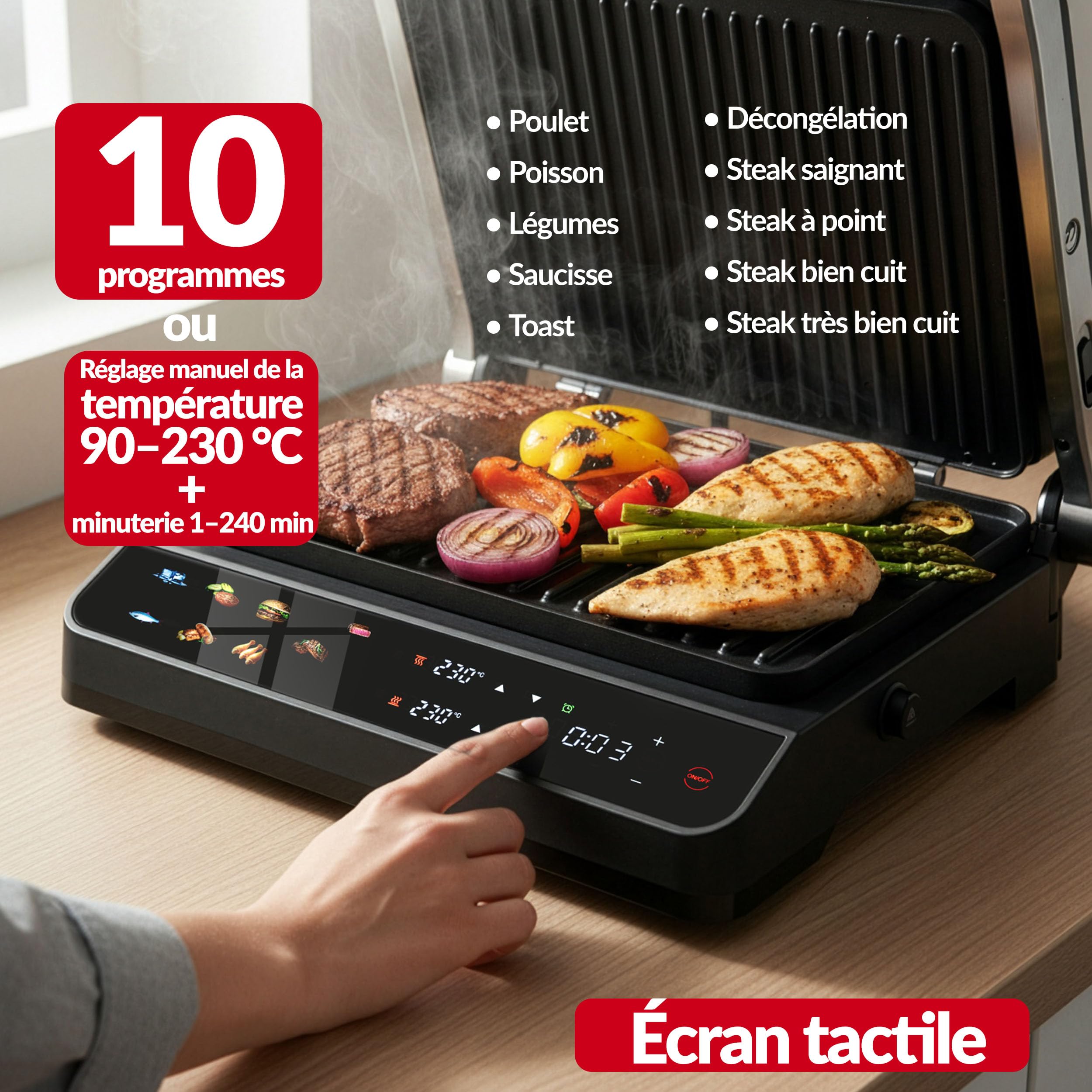 LEHMANN Grill électrique multifonction 2-en-1 pour Viande et Panini, 2000 W, Ouverture à 180°, Plaques Antiadhésives Amovibles, 10 programmes, Réglage Température 90-230 °C, Timer 1-240 min
