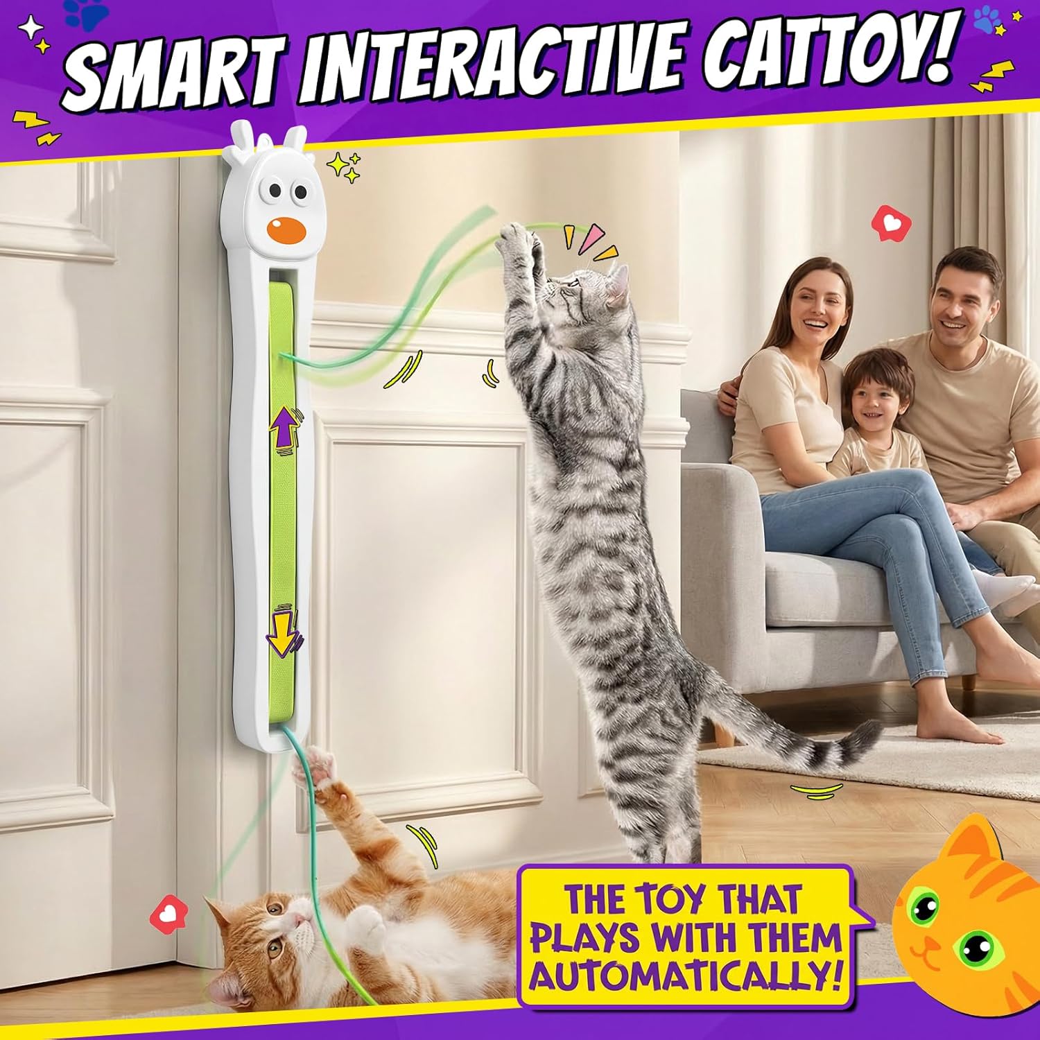 Interactive Cat Toy for Indoor Cats: Door-Mounted Automatic Moving Enrichment Cat Toy with Adjustable Motion Modes, Rechargeable Electric for Kittens & Bored Adult Cats, Hands-Free Pet Play Accessory