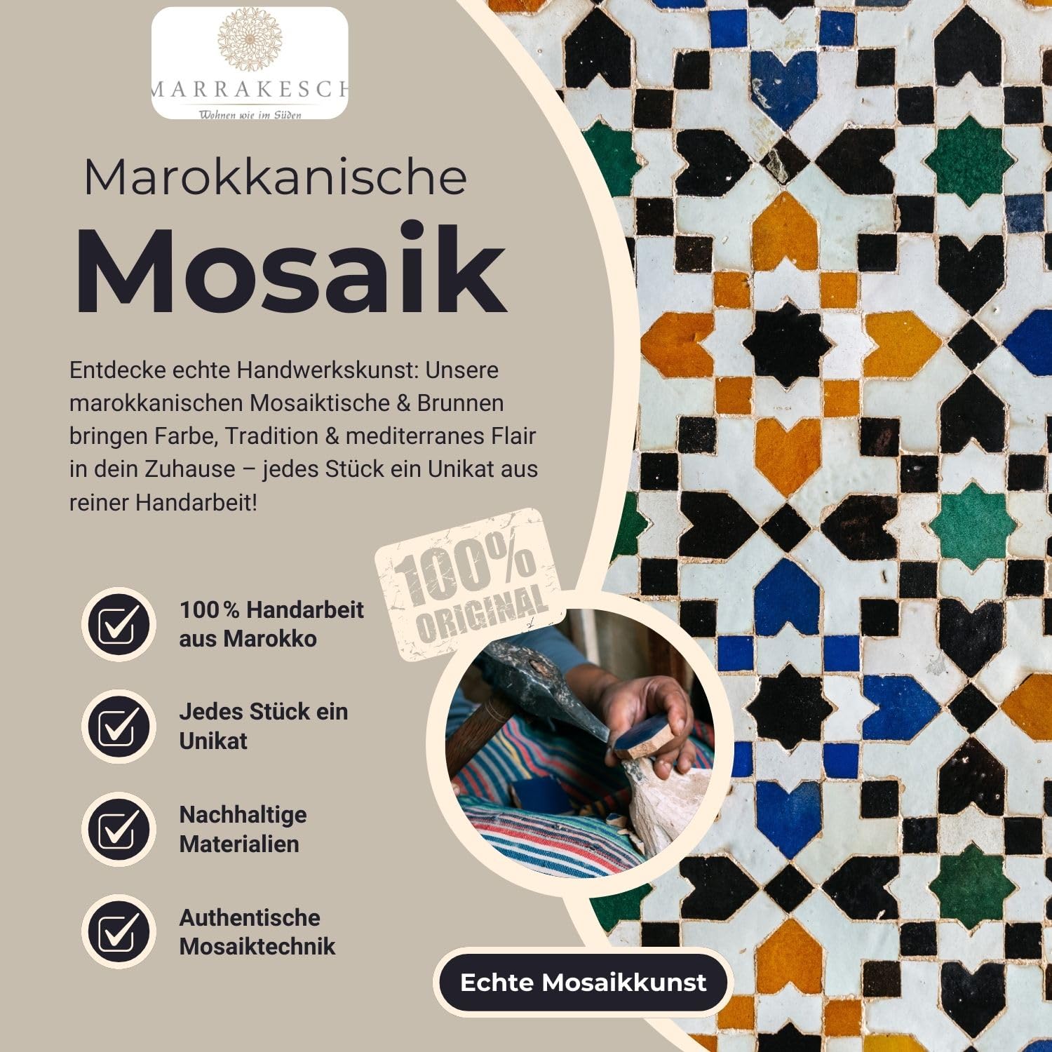 Tavolo a mosaico marocchino Marrakech, in ceramica, 120 cm, colore: beige/verde