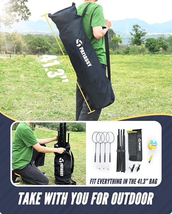 17ft Portable Volleyball Badminton Net Set – Adjustable Height Indoor/Outdoor Sports Net with Poles, 4 Rackets, 3 Shuttlecocks, 1 Volleyball for Backyard, Beach, Garden