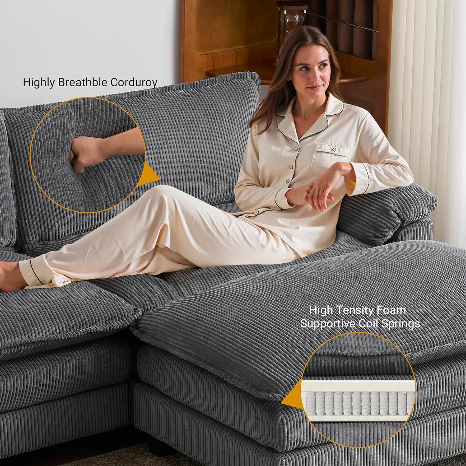 Comfort features of VINGLI sofa with corduroy and foam