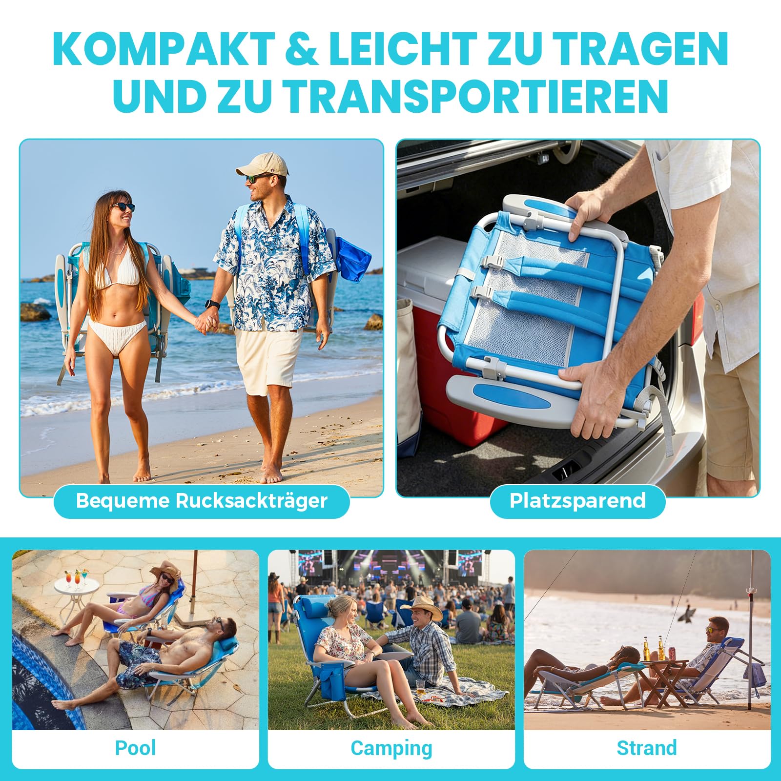 #WEJOY 4-pozycyjne regulowane krzesło plażowe dla dorosłych, składane niskie krzesło plażowe lekkie i przenośne, kieszeń na poduszkę z wysokim oparciem, na zewnątrz, ogród, leżanka, kemping, krzesło