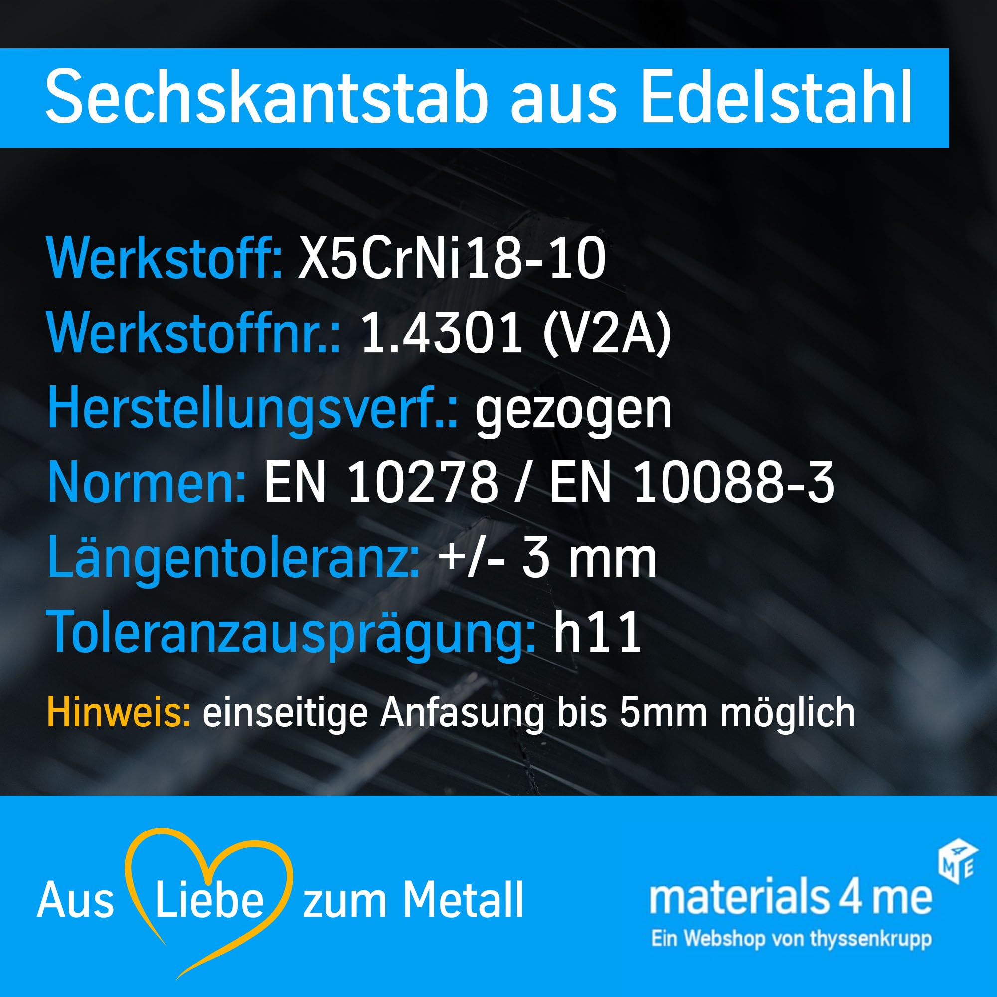 thyssenkrupp Edelstahl Sechskant 16 mm, 1000 mm – Sechskantstange Sechskantprofil – Werkstoff 1.4301 V2A