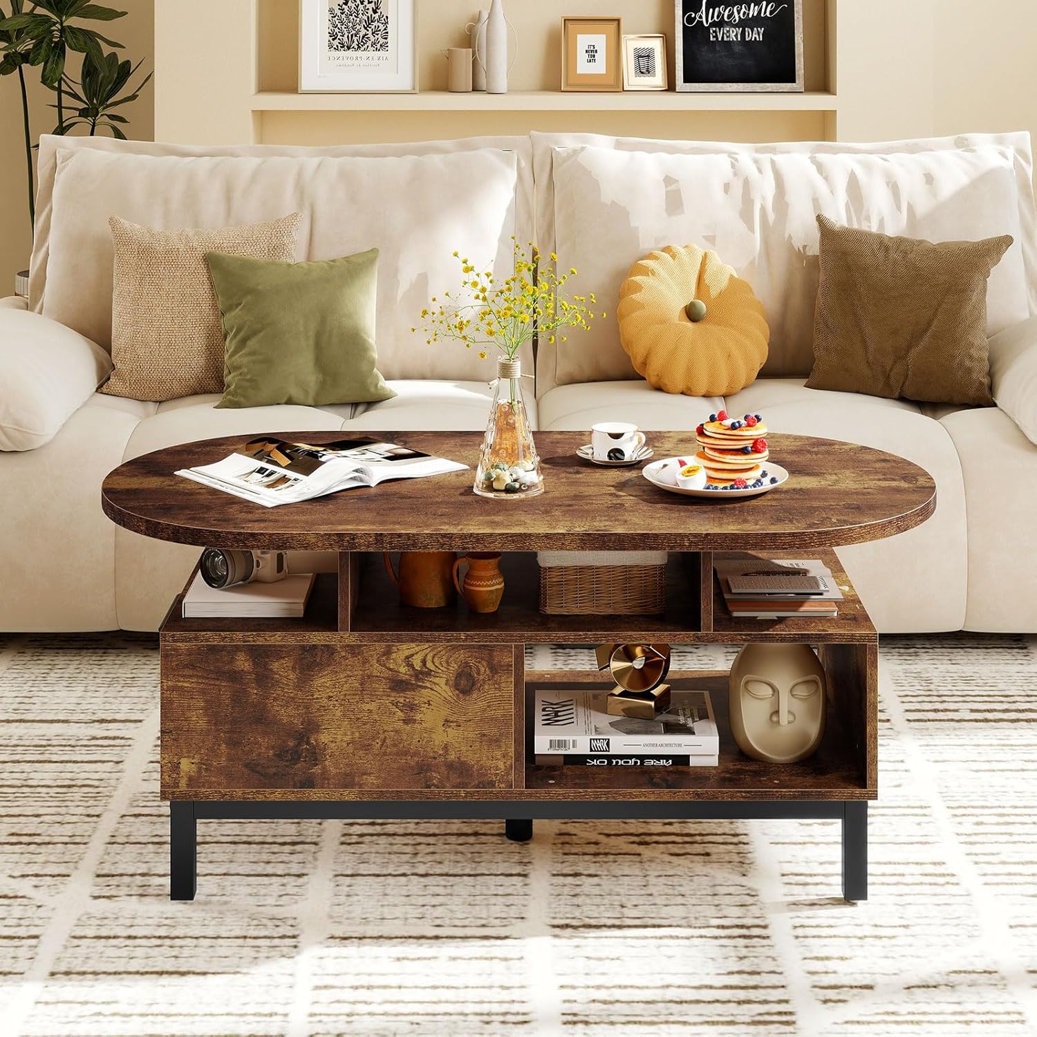 Giantex 47" Oval Coffee Table, Cocktail Accent Center Table with Storage Compartments & Drawer, Wood Small Coffee Table with 5 Support Legs, Mid Century Modern Living Room Tables, Rustic Brown