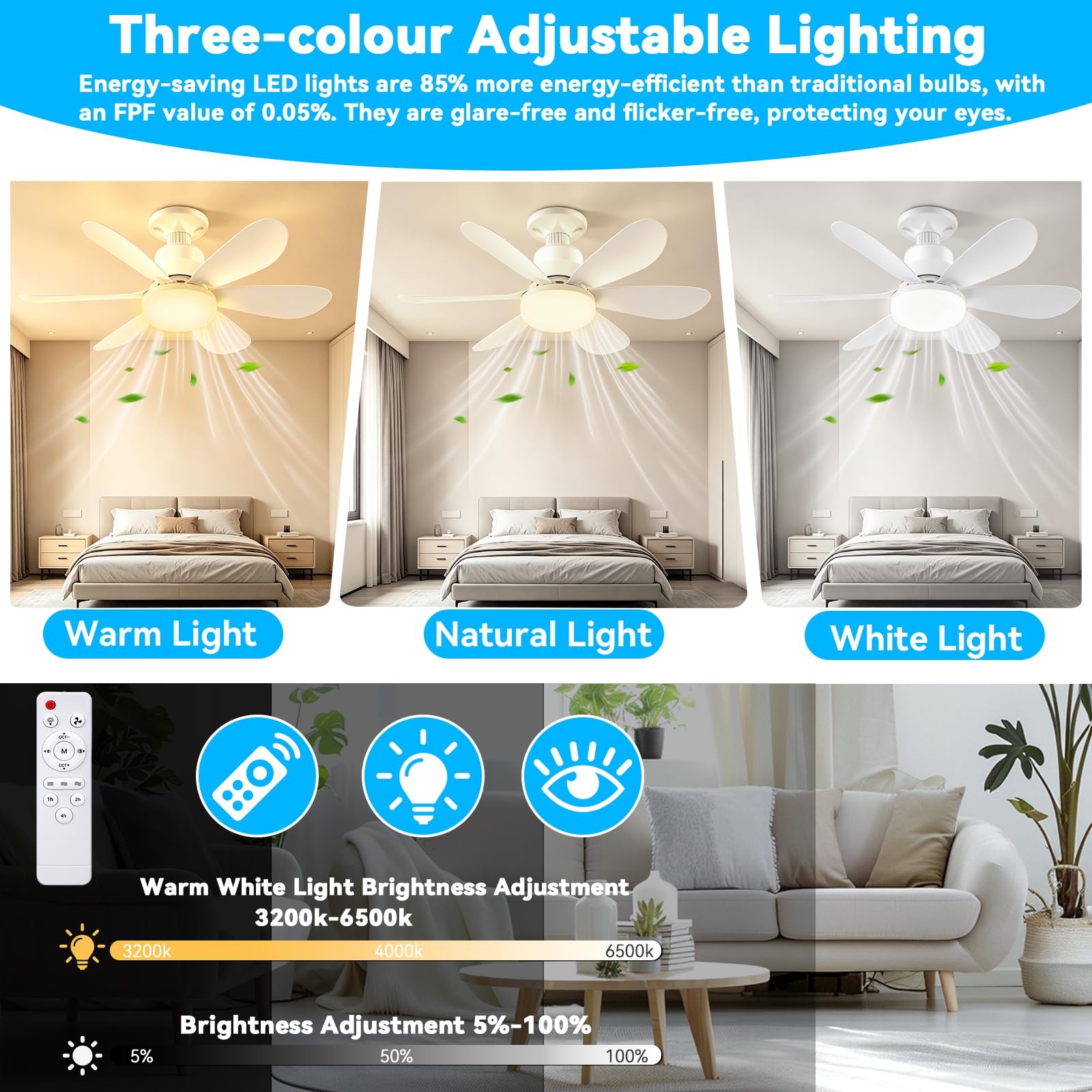 Wentylator sufitowy ze światłem i pilotem,52 cm lampa z wentylatorem sufitowym LED z możliwością przyciemniania Zintegrowana lampa E27,6 łopatek,4 prędkości,cicha,do salonu,sypialni,toalety.