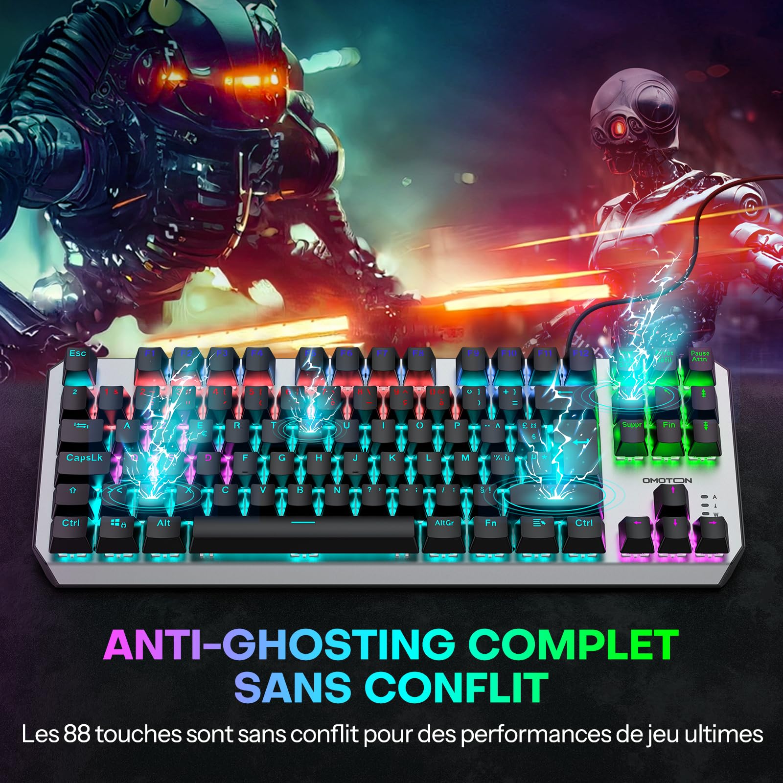 OMOTON Clavier Gamer Mécanique Filaire USB, 80% TKL Clavier Gaming Mecanique Rétroéclairé avec Switch Rouge, Anti-Ghosting, AZERTY Français pour PC/Windows