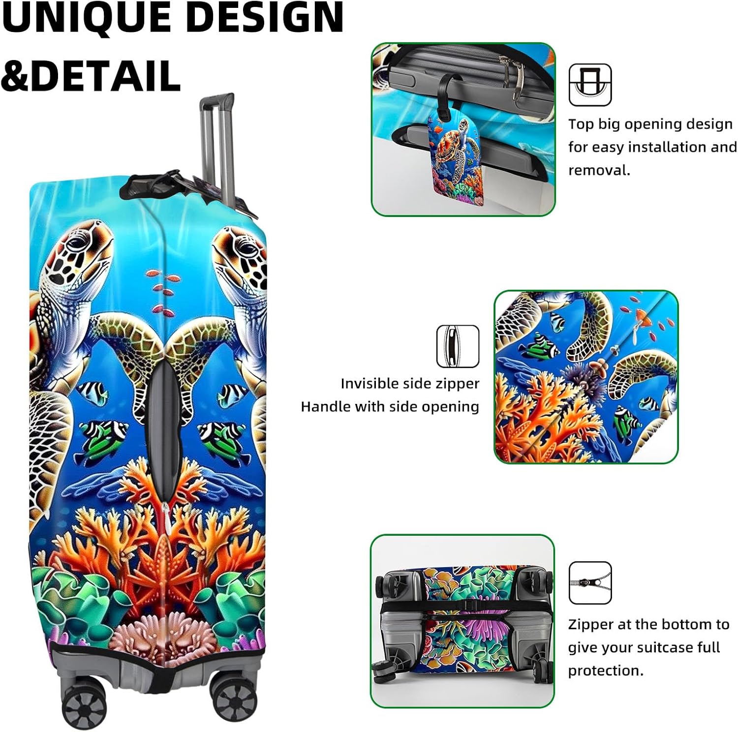 Elastic Suitcase Covers for Luggage, Sea Turtle Swimming Washable Waterproof Dustproof Luggage Cover with Adjustable Straps & Cute Baggage Tag (L, Fits 26/27/ 28 Inches)