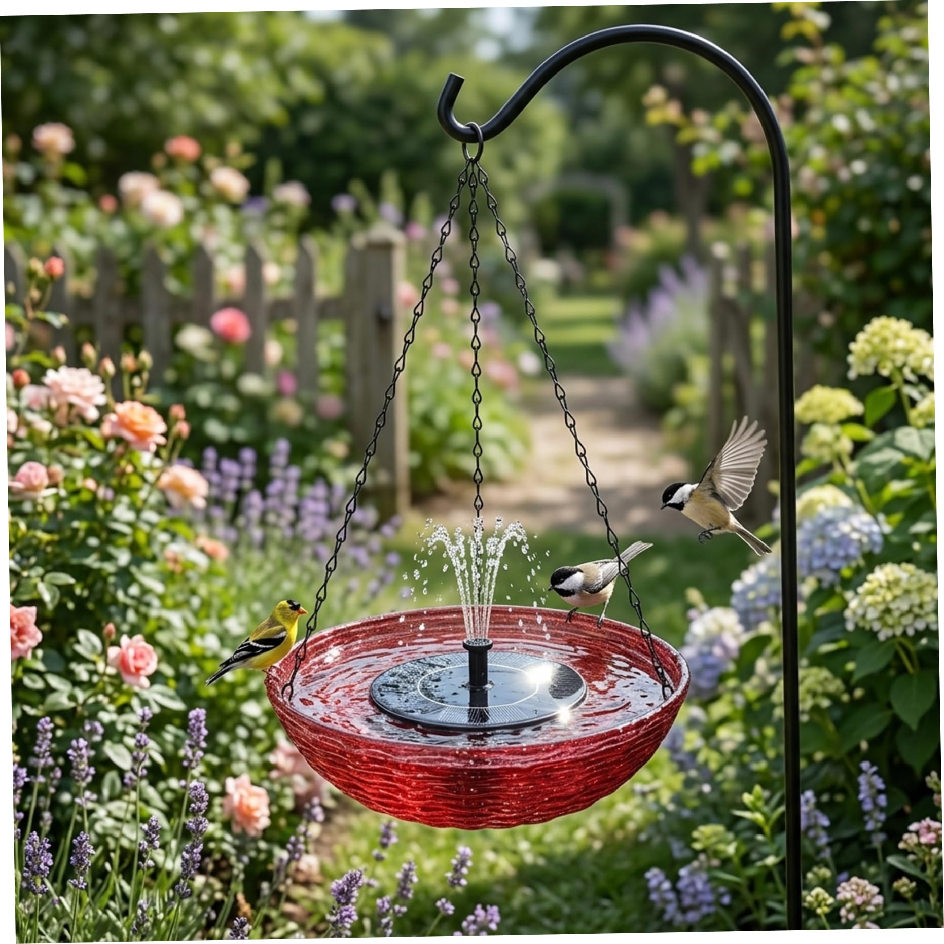 Vaschetta per Uccelli sospesa ad energia Solare per Esterni, Fontana per Uccelli per Giardino, Patio e Cortile (23x56 cm) Rossa