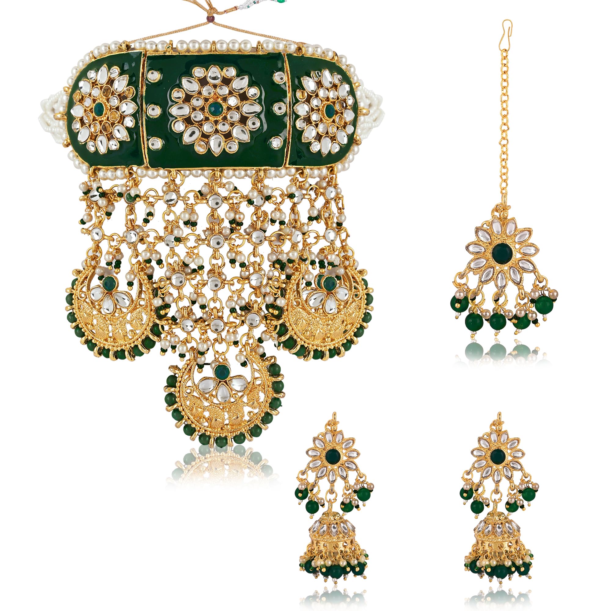 IIJ Green Beads Rajasthani Gold-Plated Kundan and Meenakari Choker Necklace Set with Earrings and Maang Tikka for Women | Ideal for Wedding and Special Occasions (B0CBN15JK8) Amazon Price History, Amazon Price Tracker