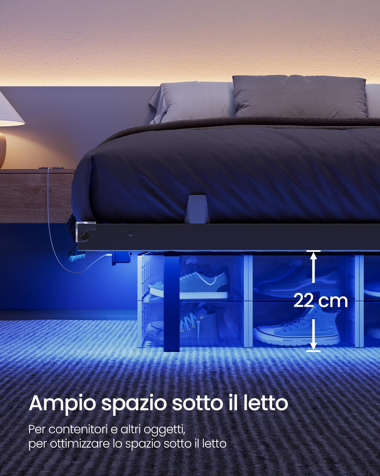 VASAGLE Struttura Letto 160 x 200 cm con LED, Effetto Fluttuante, Multipresa Rimovibile, 2 Prese AC, 1 Porta USB-C, 1 Porta USB-A, 1 Porta USB-A sul Retro, Portata 500 kg, Nero Inchiostro RMB175B101