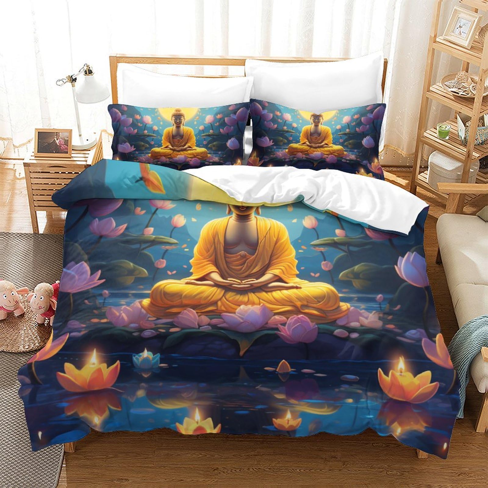 Housse de couette Bouddha 3D 260x220cm en microfibre avec ses deux taies d'oreiller