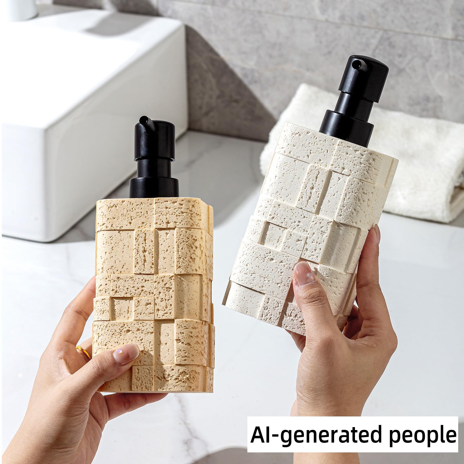 Dispenser di sapone da 400 ml, 2 pezzi, lussuoso dispenser per sapone per mani, lozioni, shampoo, sapone, effetto pietra travertina, per cucina, bagno, piano di lavoro (bianco)