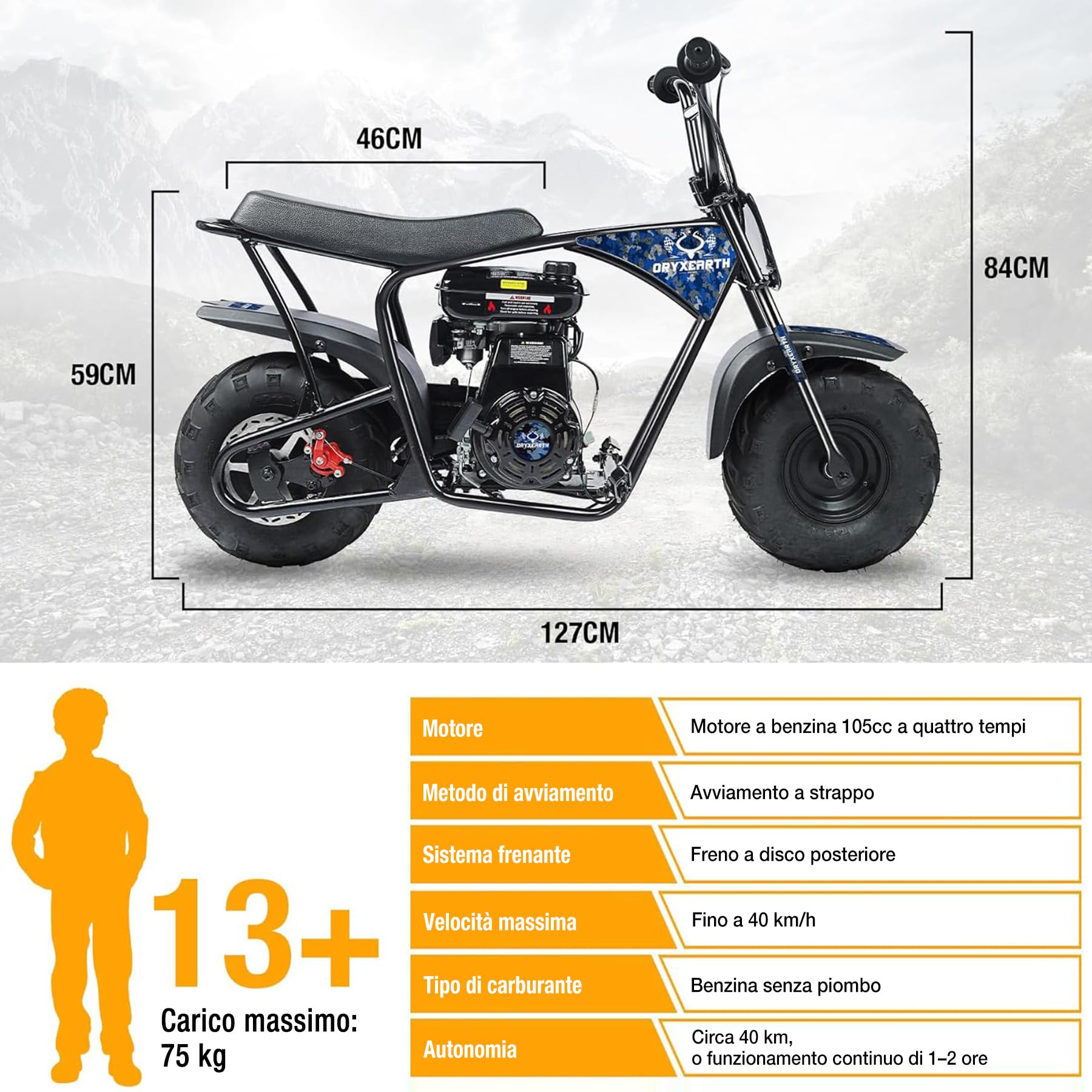 Dirt Bike Pocket Bike per bambini 105CC 4 tempi alimentato a benzina Mini Dirt Bike Pit Bike Pit Bike con cambio automatico e avviamento a fune, adesivo fai da te per bici a partire dai 13 anni (blu)