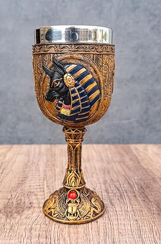 Miniatura 9 de Ebros - Copa de vino egipcia antigua en diseño jeroglífico dorado con cara de dioses de Egipto, 6 onzas, 7 pulgadas de alto (Anubis)