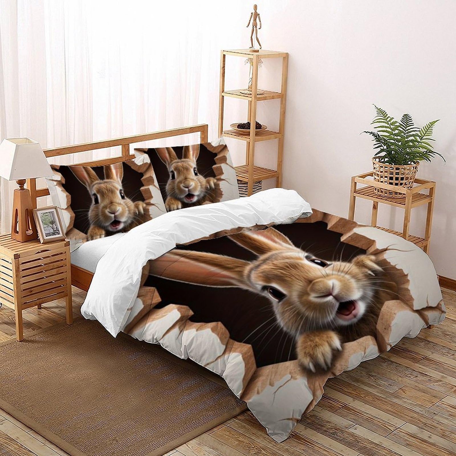 Housse de couette lapin gris fermeture éclair pour un lit vite fait et propre