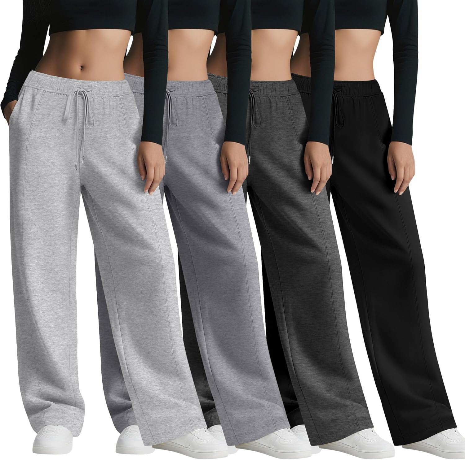 4 Pack Women's Wide Leg Sweatpants, Baggy Straight Elastic Waist Drawstring Multipack Lounge Trousers with Pockets