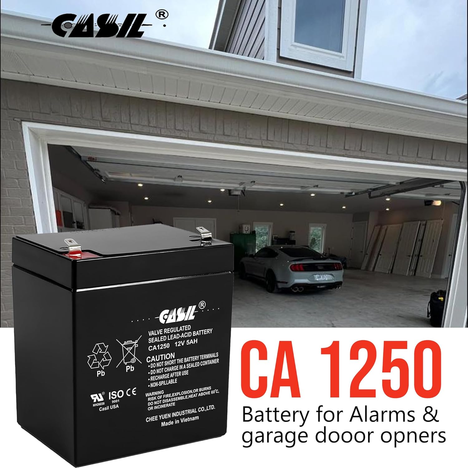 Casil 12V 5Ah Battery SLA AGM VRLA Rechargeable Replacement for Alarms, Security, Garage Door Openers for Chamberlain, Genie, Liftmaster, Craftsman, Workhorse