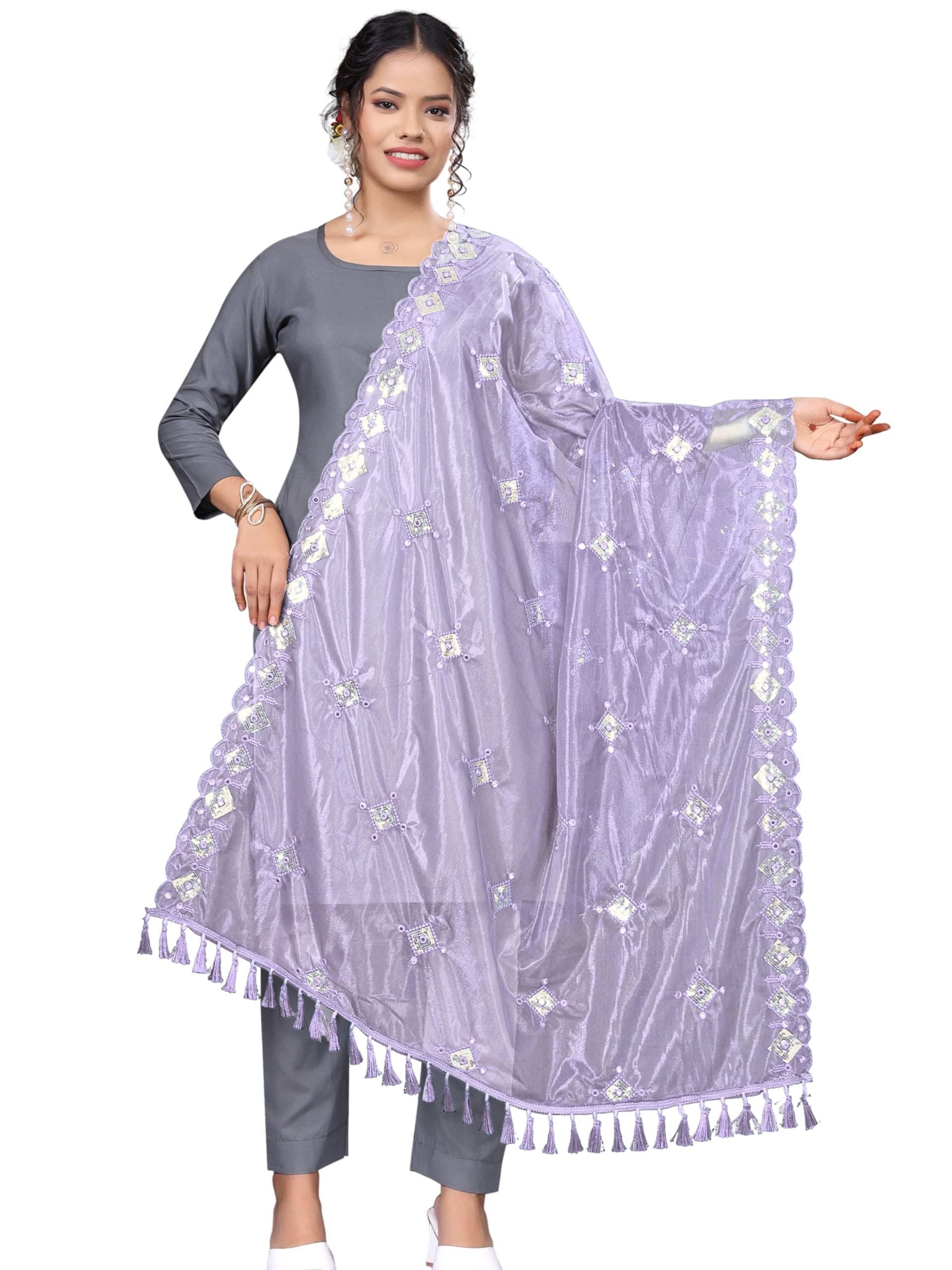 kemza Organza Embroidered Mirror Work Dupatta with Lace & Tassels Border for Women & Girls-picture-44