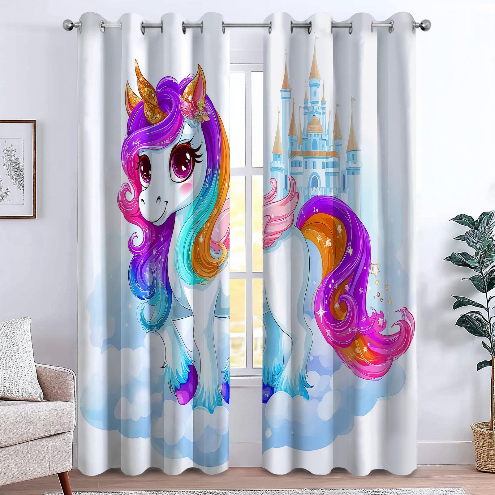 Lot De 2 Rideaux Occultant Licorne De Château De Dessin Animé Enfants Rideau à Oeillets Isolation Thermique, Blanc Salon Rideaux Occultants, pour Chambre Salon Maison Bureau L 91.5 X H 214 cm