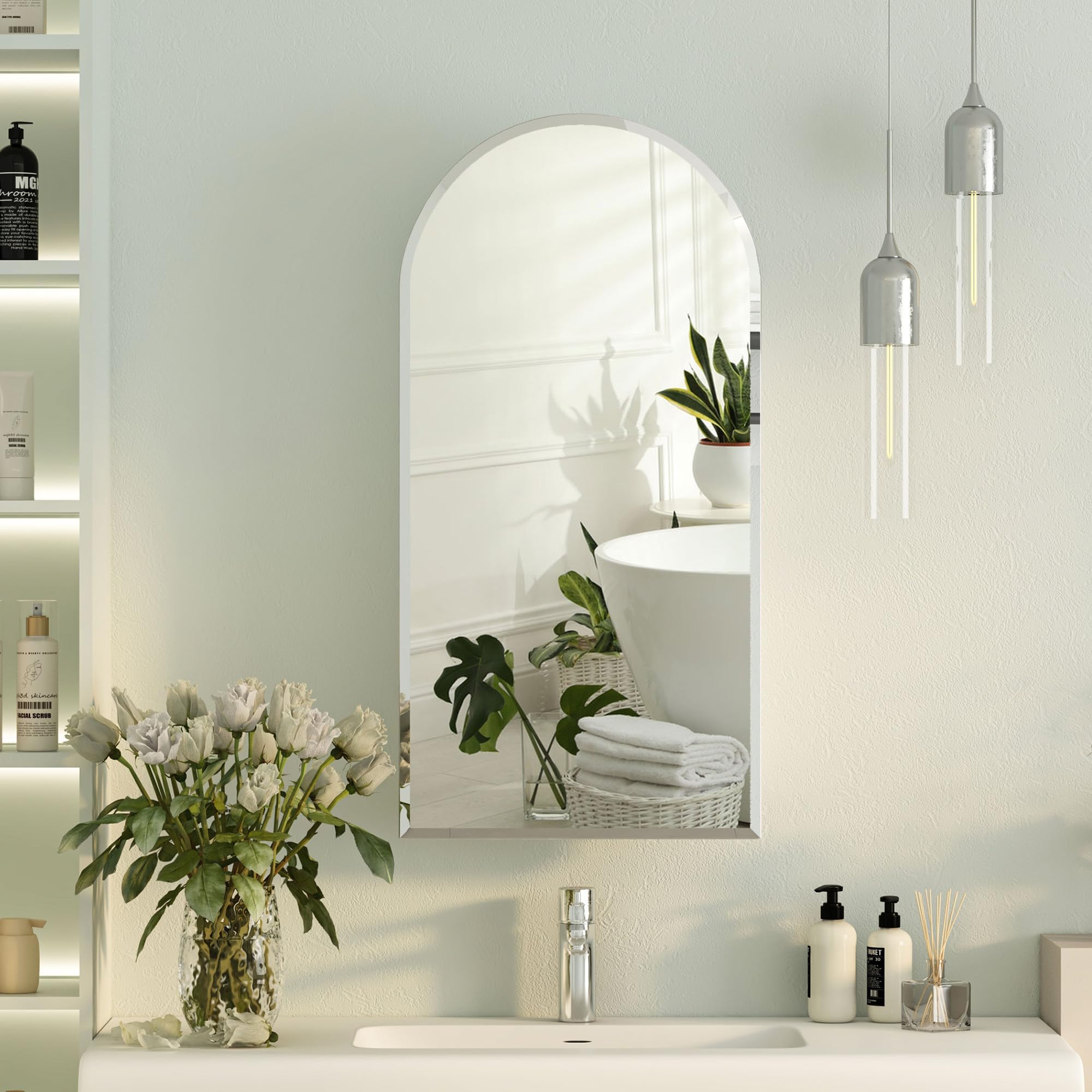 Beveled Edge Bathroom Mirror Cabinets,Arched Bathroom Cabinets with Mirror,Frameless Mirrored Cabinet Wall Mounted,Bath Wall Cabinet with 3 Glass Shelves,40x80 cm