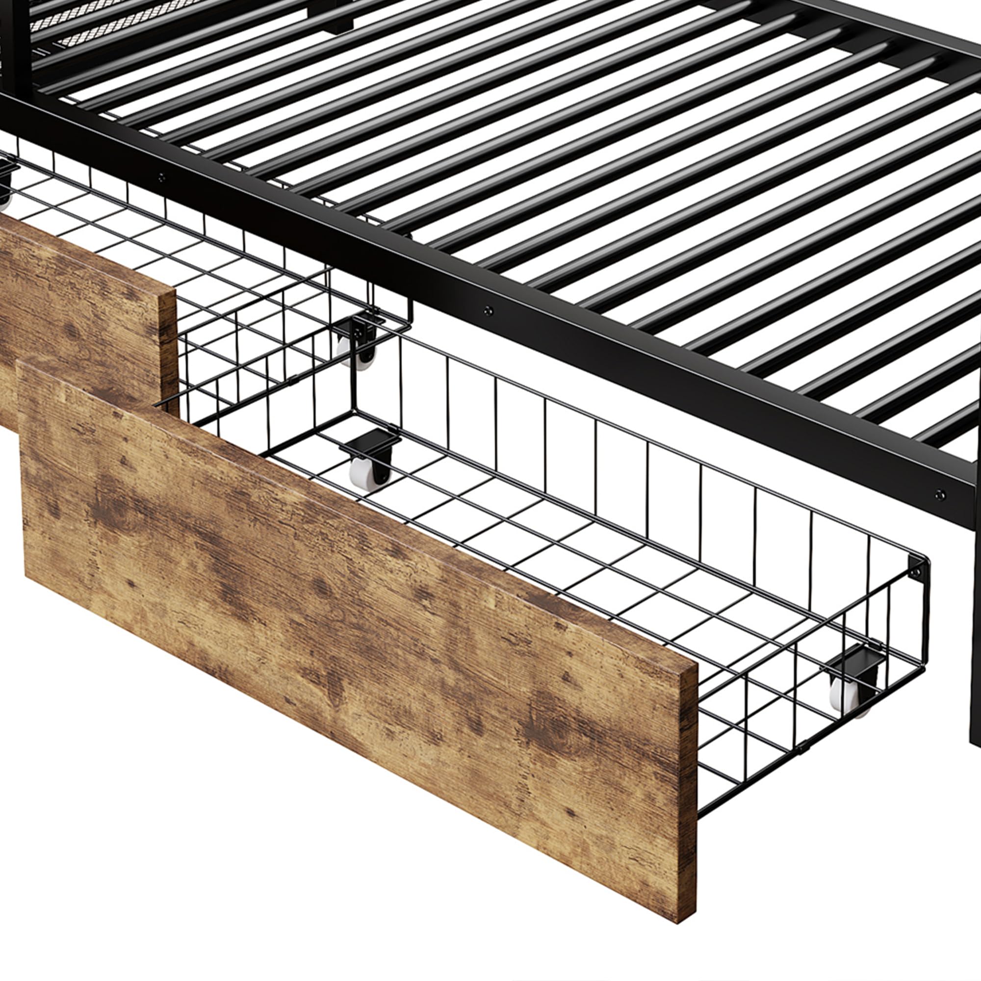 łóżko piętrowe z solidną metalową ramą łóżka do podwójnego łóżka 140 x 200 cm, ze światłem, dwiema szufladami i drążkiem na ubrania dla nastolatków w kolorze czystej czerni