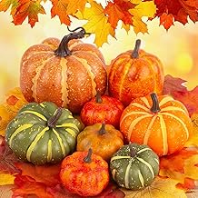 HAKACC Künstliches Kürbissse Set, 7 Verschiedene Gefälschte Kürbisse mit 30 Blatt Künstlichen Ahornblättern für Thanksgiving-Halloween-Party-Dekoration