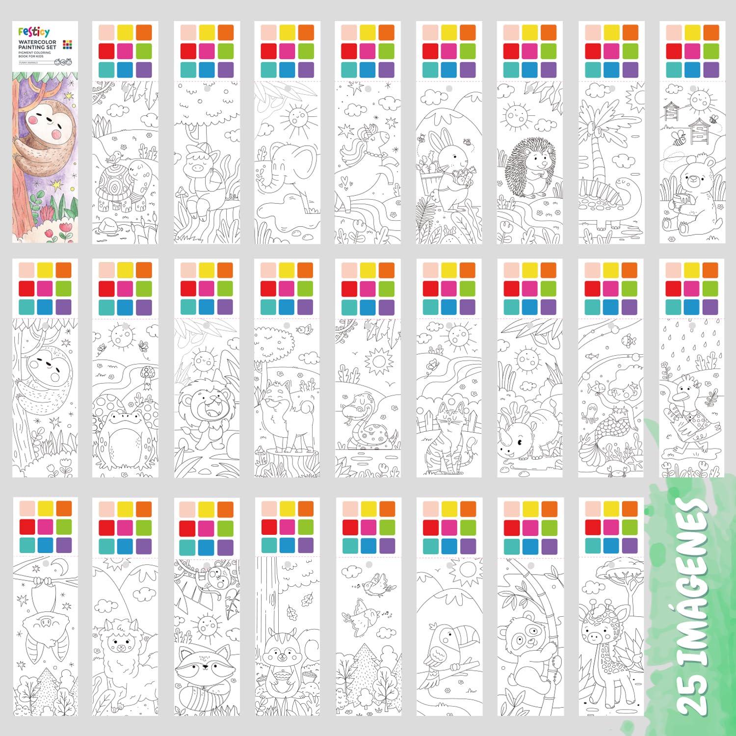 Festicy Libro para colorear de acuarela con pincel de depósito de agua, edición 2025, 25 páginas, ideal para viajes y vacaciones