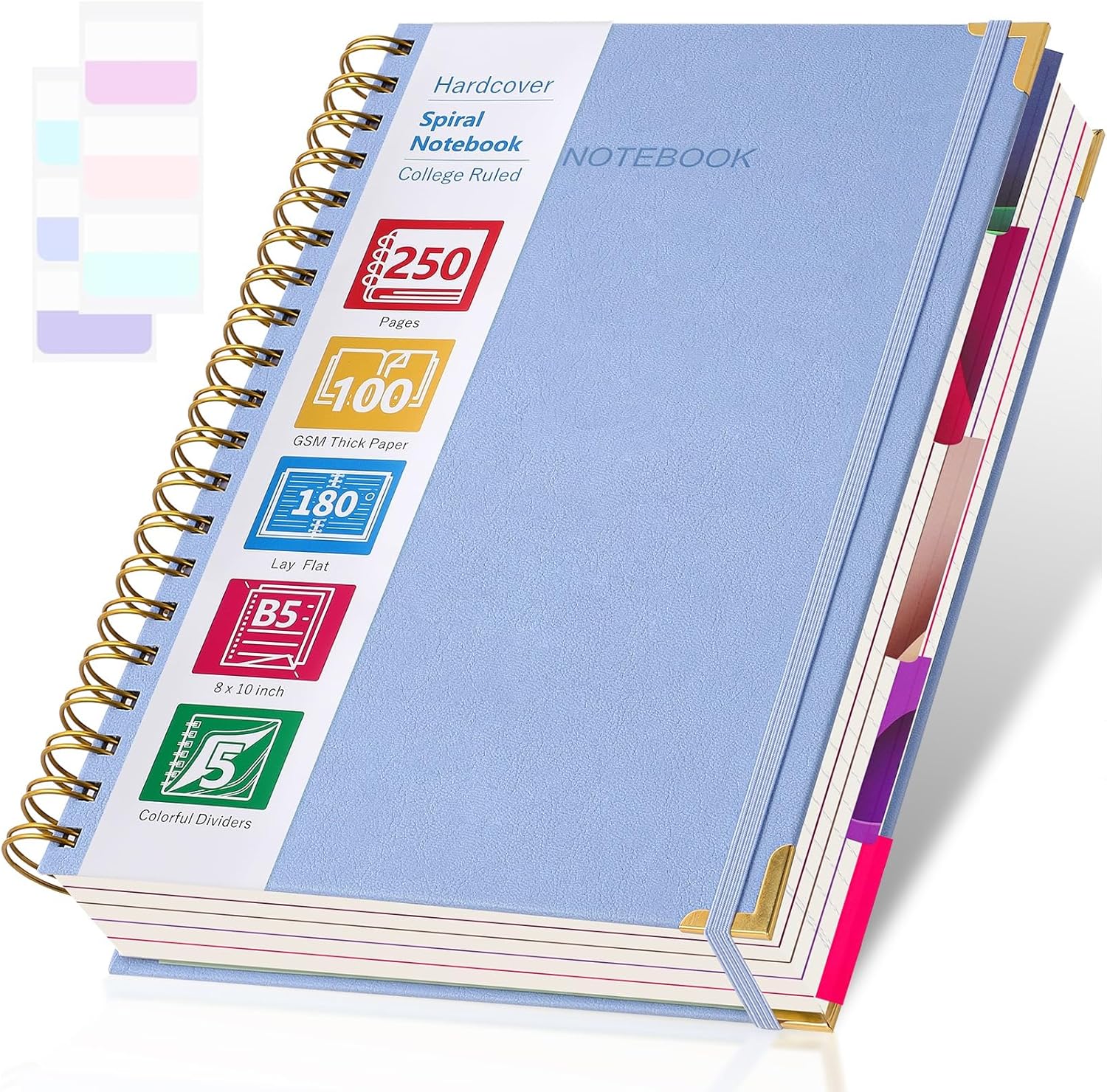 College Ruled Notebook, Spiral Notebook 8.5" x 11", Leather Hardcover Notebook Journal for Women Men, 5 Subject Notebook with Dividers, Journaling Notebooks for Work School, Large Lined Journal, Blue