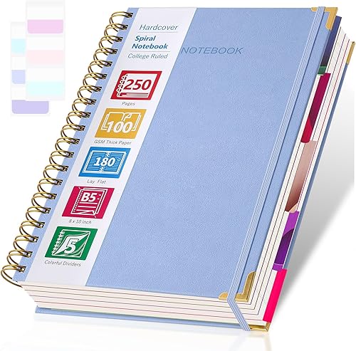 Miniatura 9 de Cuaderno de espiral de 8.5" x 11", cuaderno de 5 asignaturas, cuaderno de tapa dura con renglones universitarios y divisores, cuadernos de cuero