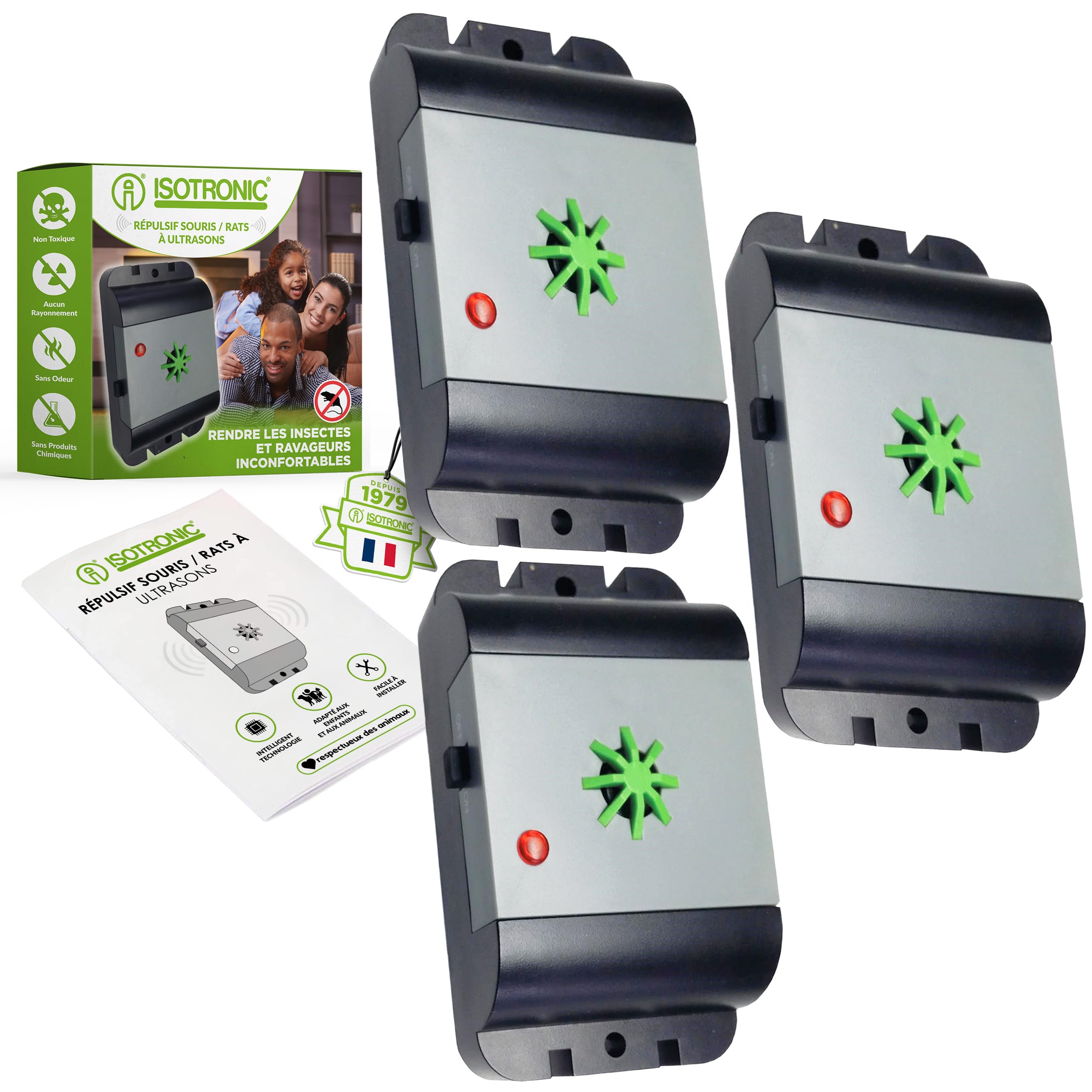 ISOTRONIC Répulsif ultrasons Souris et Rats Anti-nuisibles 40 m² 3 unités Intérieur Extérieur