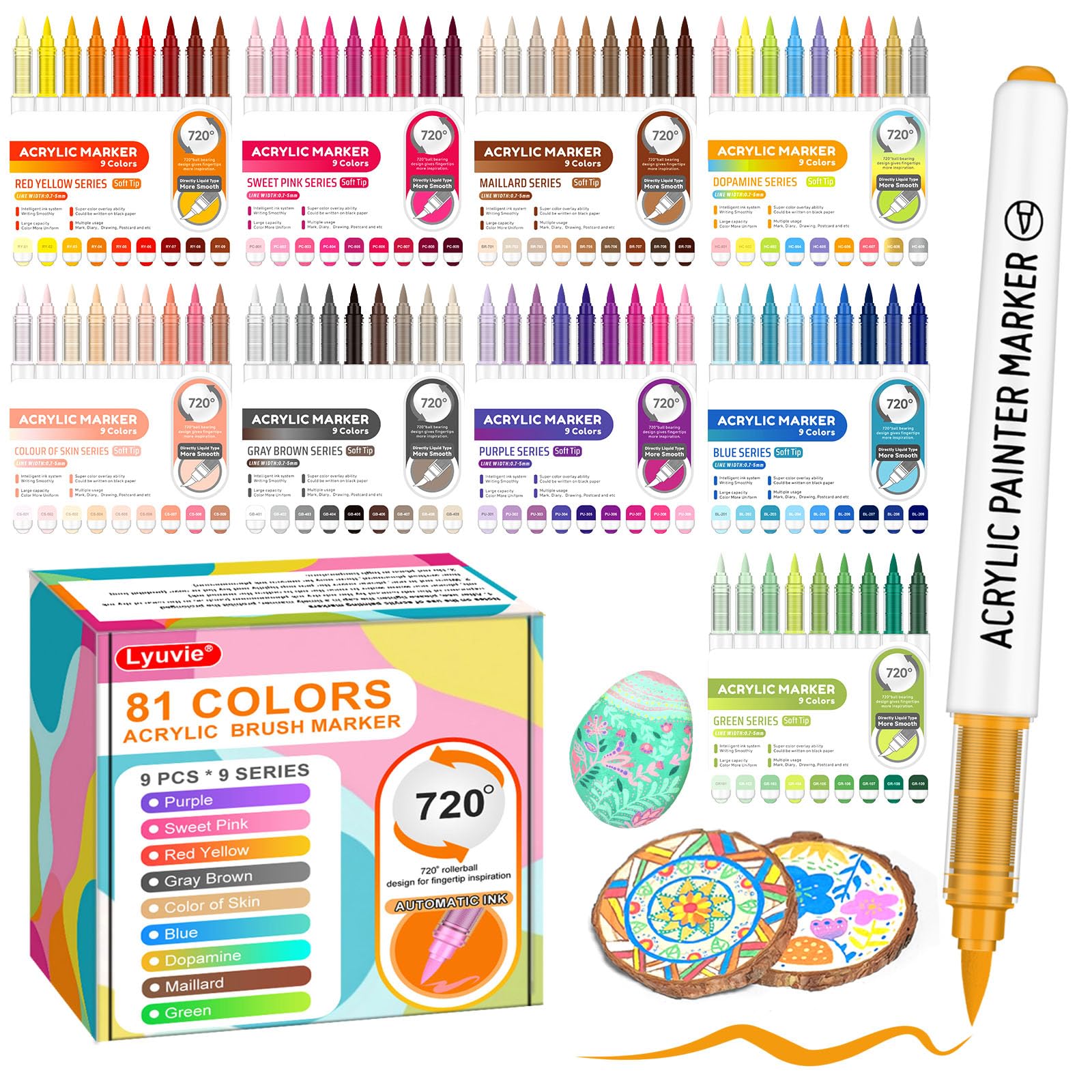 81 Colores de Rotuladores Acrilicos,1-6mm Pincel Marcadores-Rotuladores Acrilicos Permanentes para Tela Papel Madera Piedra Guijarros Vidrio Plástico Artesanía Suministros