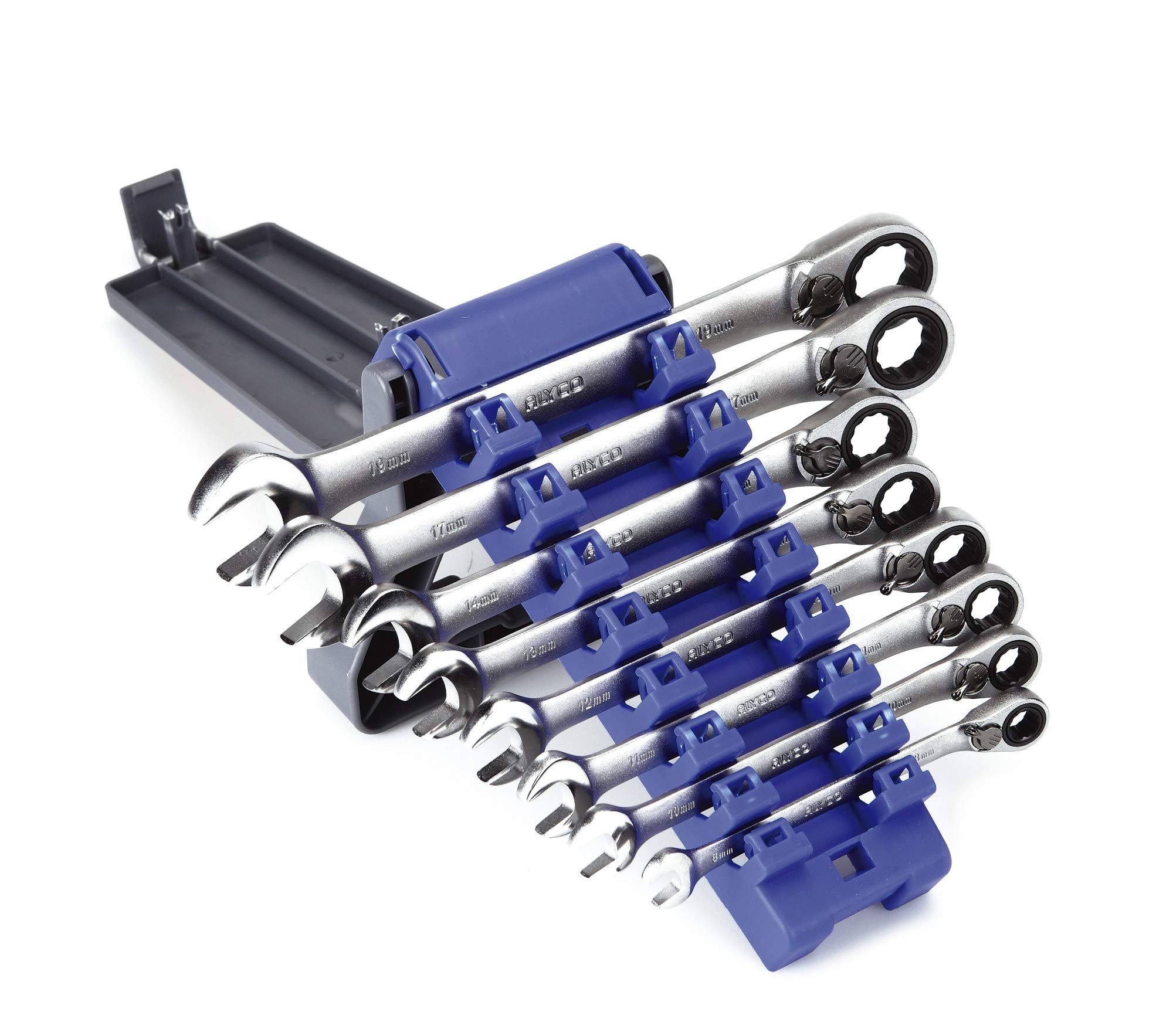 Alyco - Juego de 8 Llaves Combinadas con Carraca Reversible - 191876, Llaves Grises y Soporte Negro/Azul, 8, 10, 11, 12, 13, 14, 17 y 19 mm