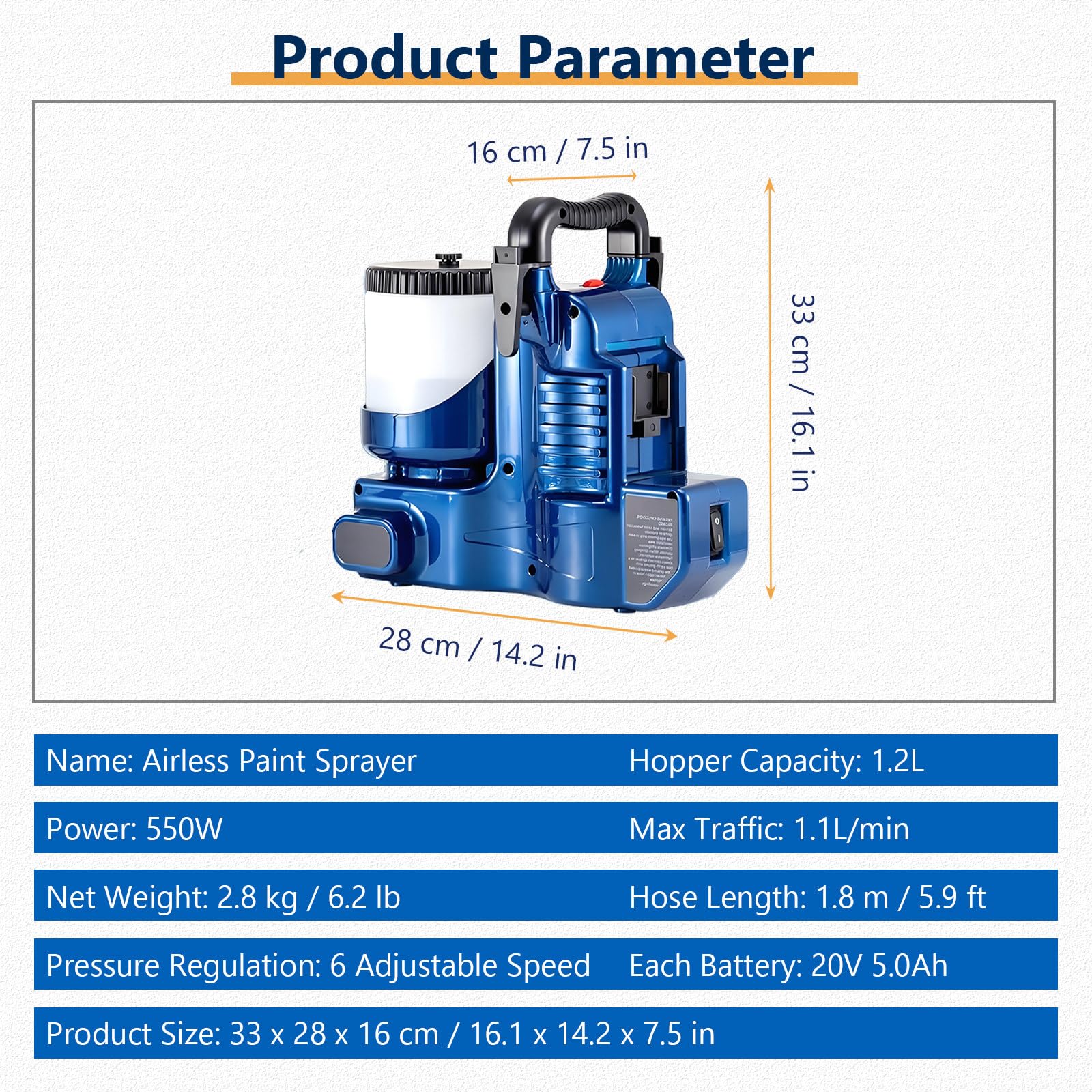 Pulverizador de pintura inalámbrico, pistola pulverizadora eléctrica de mano de 550 W, 6 velocidades ajustables, 1,2 L de gran capacidad para renovar muebles, pintar paredes y teñir cercas 2Battery