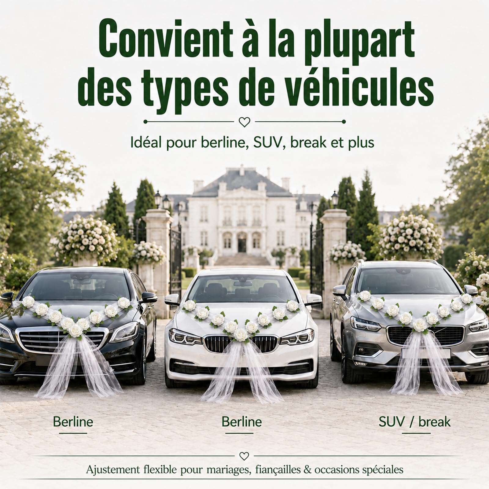 Décoration de voiture de mariage – Lot de 9 roses blanches avec ventouse, faciles à installer, réutilisables – Parfait pour mariage, demande en mariage, anniversaire de mariage