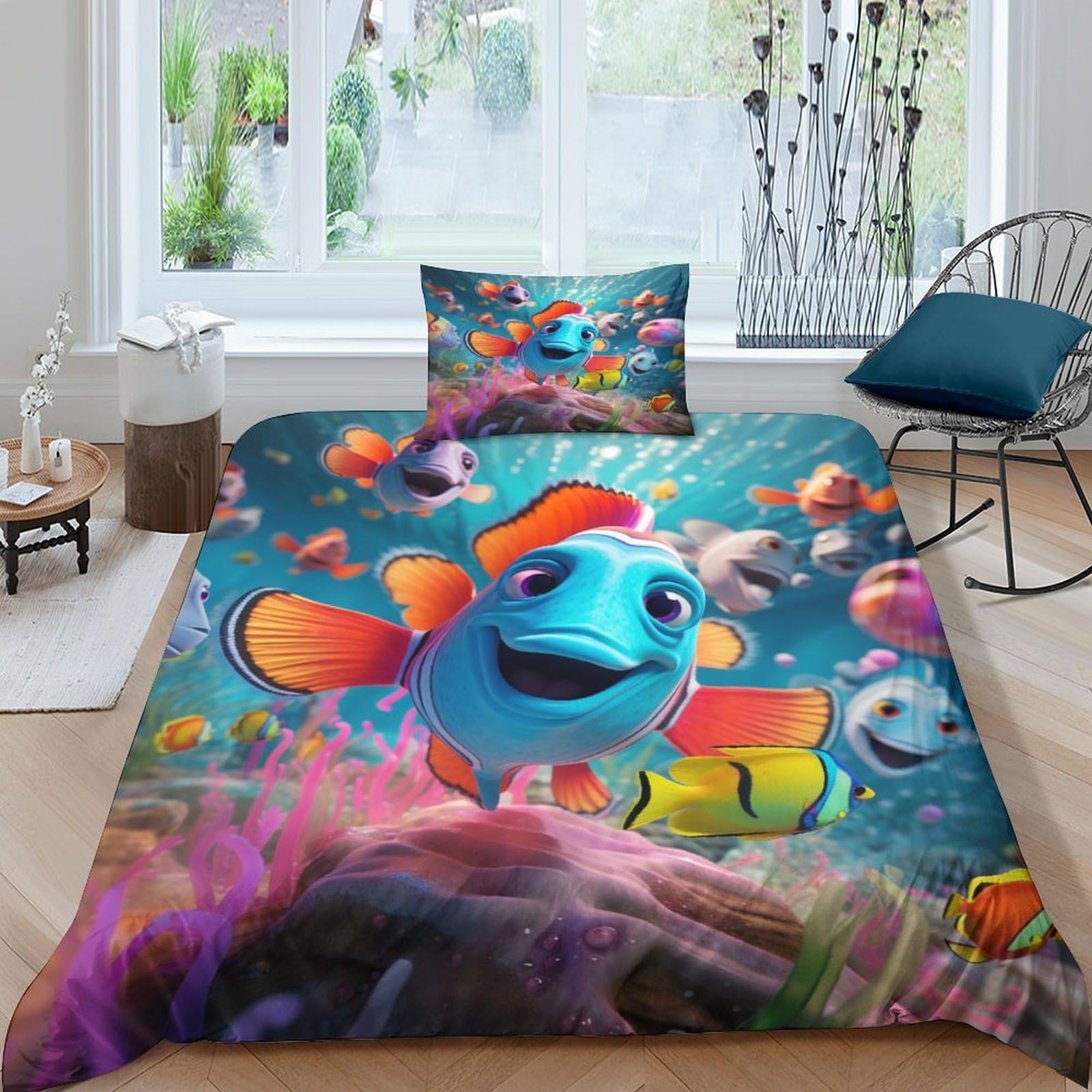 Funda nórdica de pez payaso mundo del océano 3 piezas microfibra 135x200